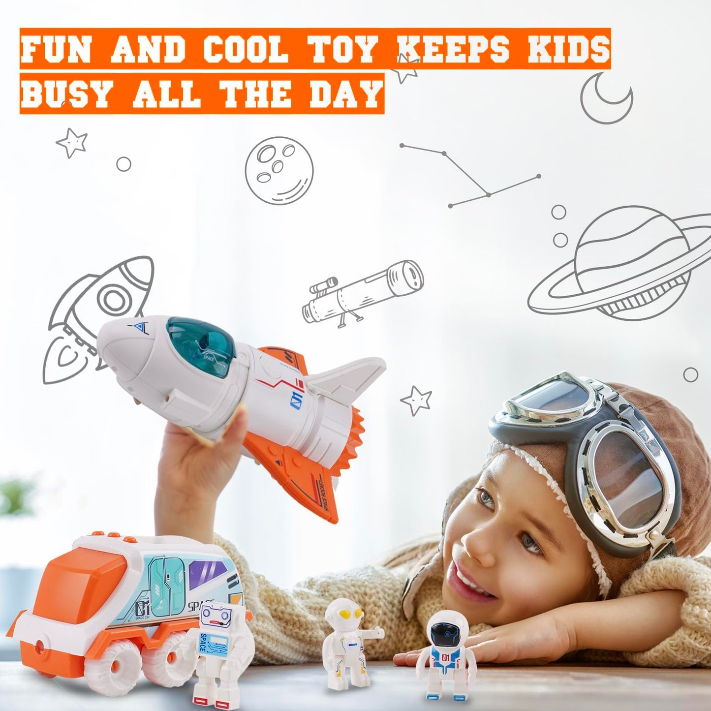 Spaceship Toy for Boys, Space Shuttle Toys with Sound, 3 Astronauts Figure, Openable Cockpit, Spray Exhaust, Venture Space Playset with Lunar car (Orange)