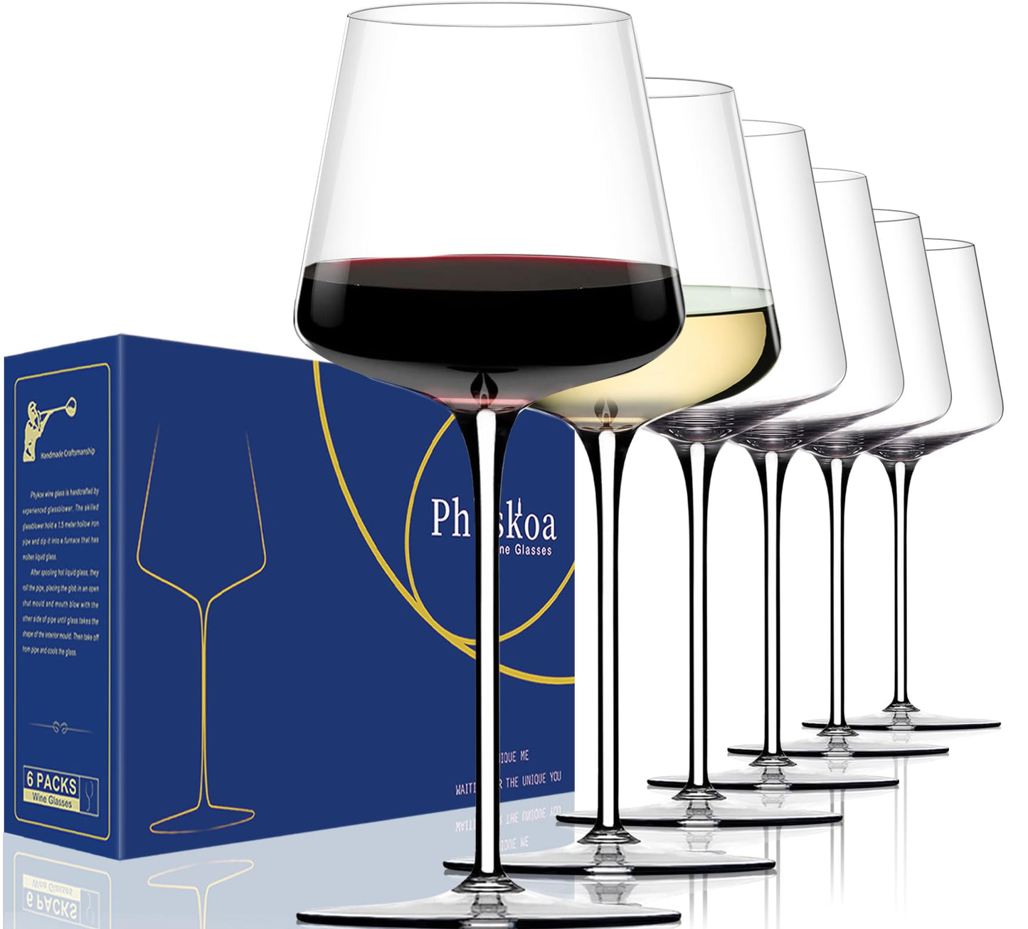 White Red Wine Glasses Set of 6 – 18oz Clear【Hand Blown】 Crystal Wine Glass – Tall Long Stem Modern Wine Glasses – Square Wine Glass with flat bottom – Unique gifts for Wedding,Brithday,anniversary