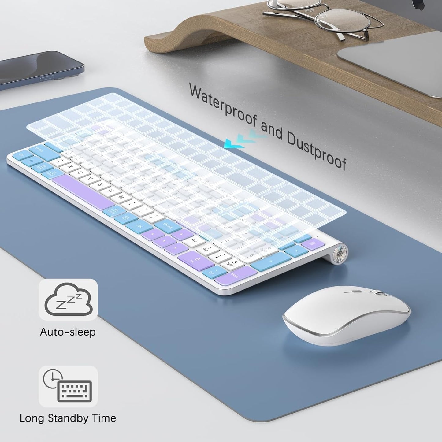 JOYACCESS Wireless Keyboard and Mouse,Ergonomic Keyboard Wireless,Dustproof and Portable,Number Keypad, Adjustable DPI Computer Keyboard Mouse for Laptop,PC, Windows- Purple Blue