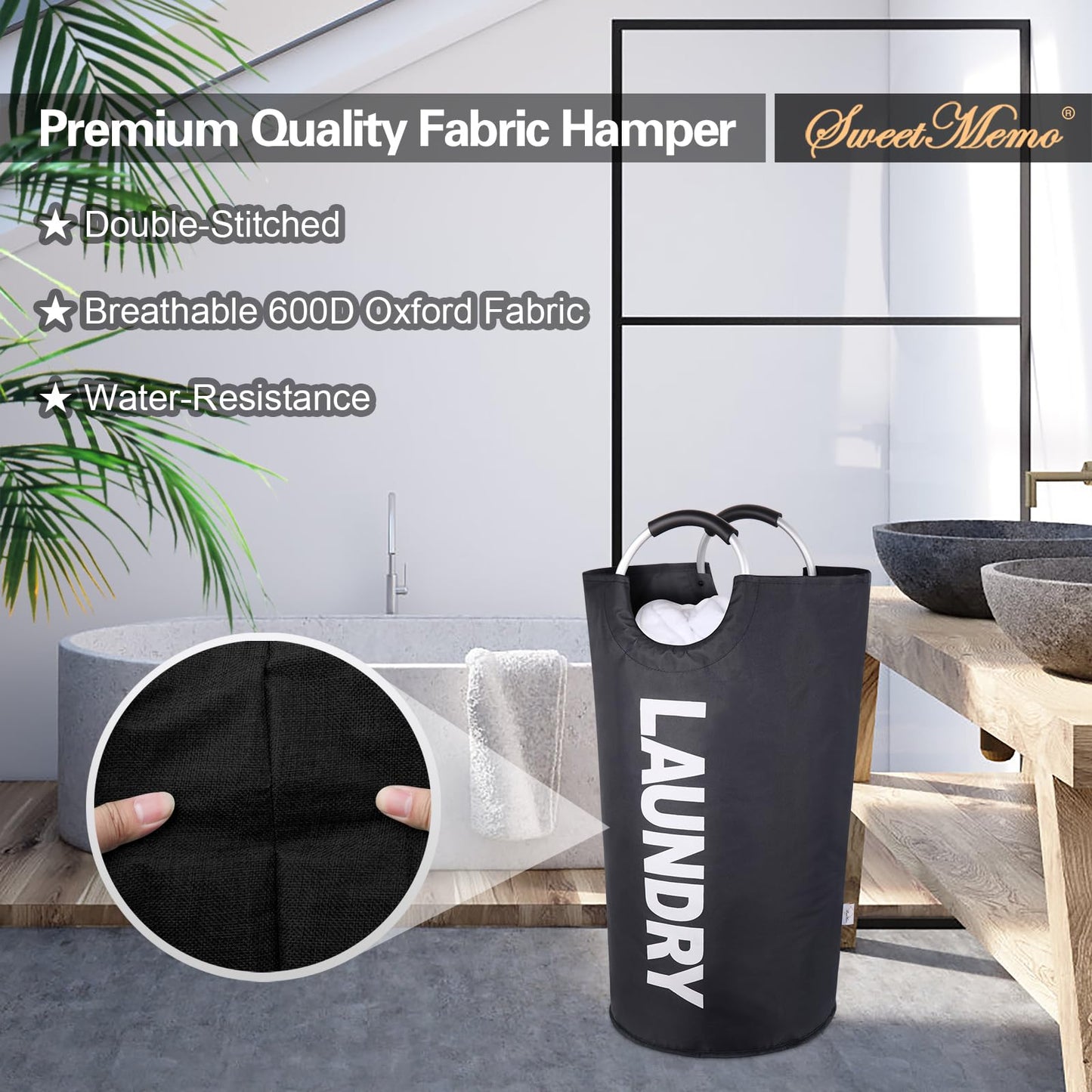 SweetMemo 95L Laundry Hampers 2 Pack ，Large Tall Laundry Baskets with Handles, Freestanding Cloth Hamper Bag – Dirty Fabric Laundry Bags for College Dorm，Laundry Room, Sturdy, Lightweight – Black