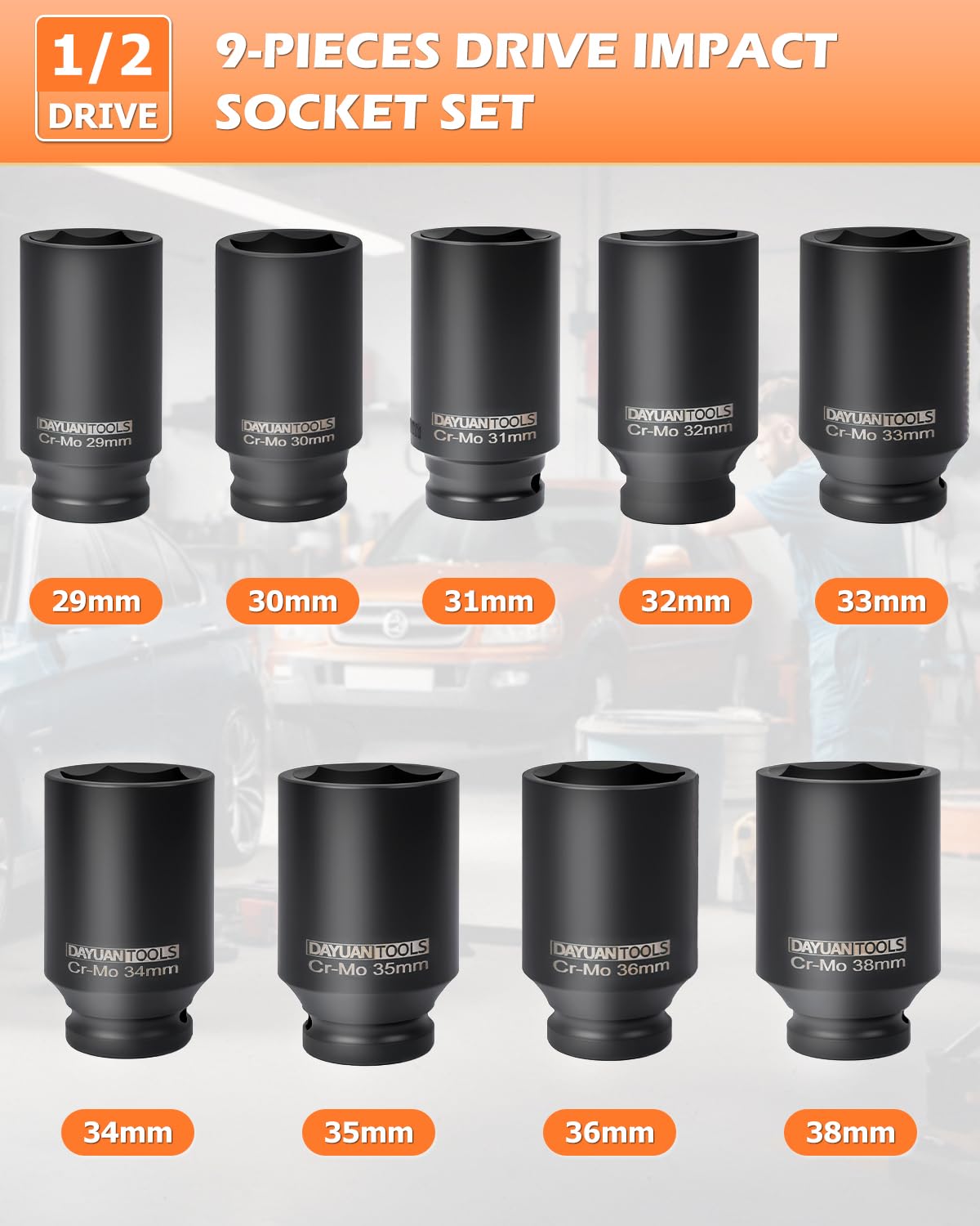 DAYUAN 9 Pcs Axle Nut Hub Impact 1/2- Inch Drive Socket Set 29mm 30mm 31mm 32mm 33mm 34mm 35mm 36mm 38mm