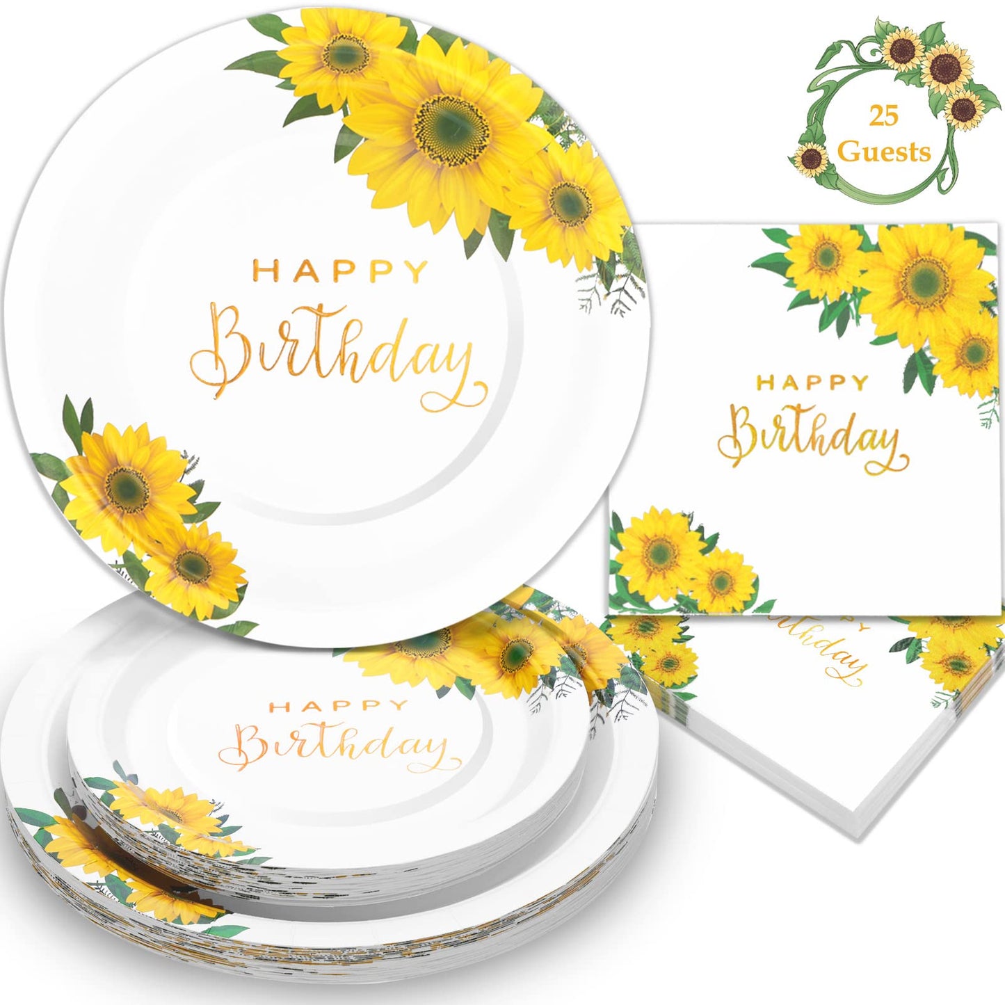 Gudvilla Sunflower Birthday Decorations for Women, Happy Birthday Plates and Napkins for Women Girl, Sunflower Party Decorations Serves 25, Thanksgiving Fall Party Decorations