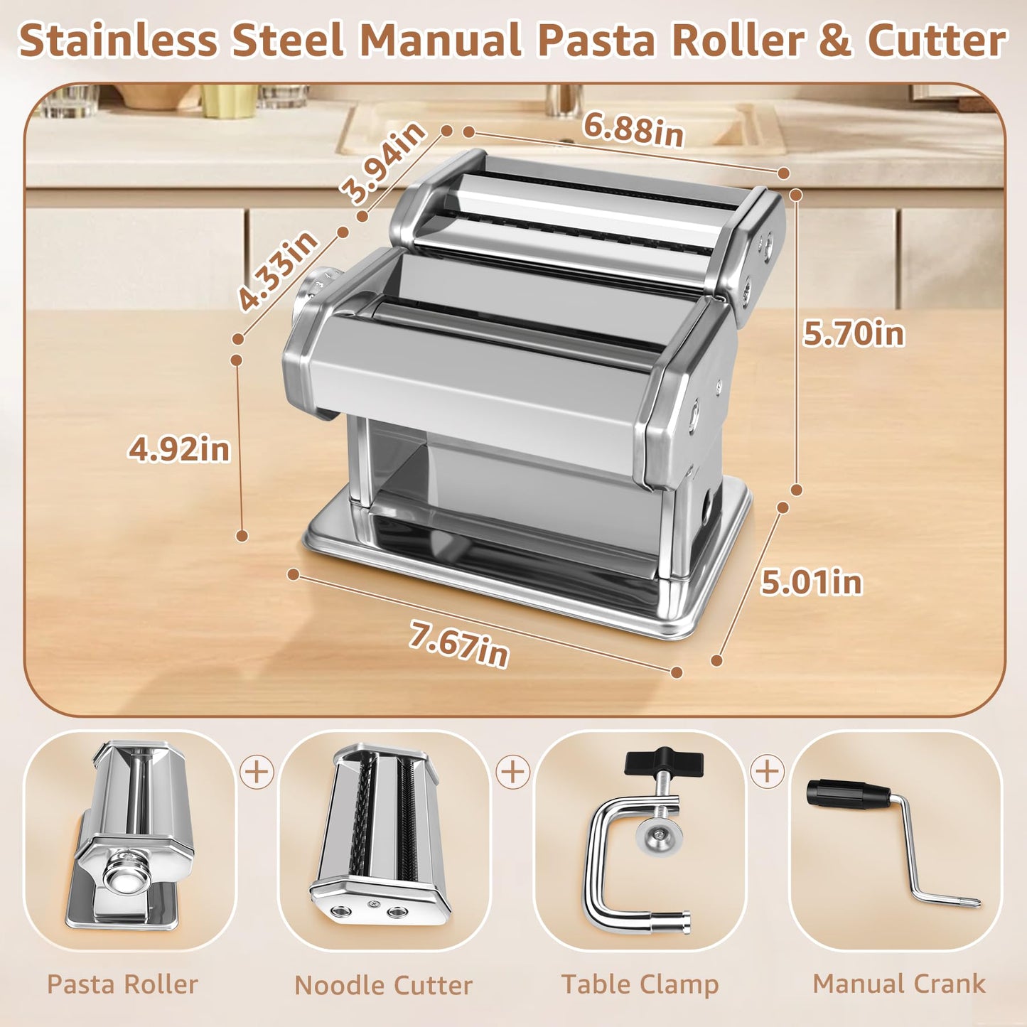 Pasta Maker - 7 Thickness Settings Pasta Roller & 2-in-1 Cutter, Stainless Steel Noodle Maker for Spaghetti, Fettuccine, Ravioli, Lasagna - Includes Hand Crank & Table Clamp