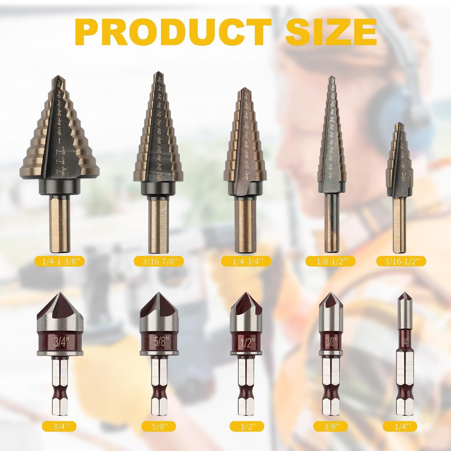 AOKLIT 5 Pack 50 Sizes Step Drill Bit & 5 Pack M2 Countersink Drill Bit Set，Titanium Coated, with Aluminum Case, Multiple Hole Stepped Up Bits for DIY