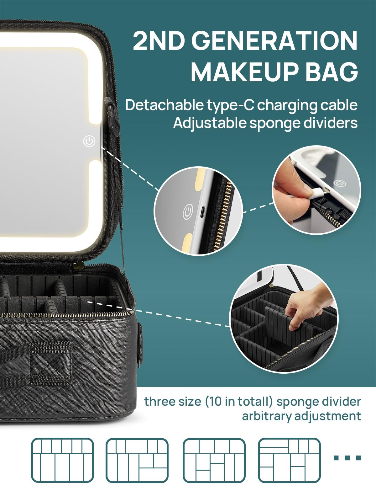 OMIRO Travel Makeup Bag with Large Light Up Mirror, Cosmetic Organiser Train Case with Adjustable Compartment, Gift for Women (Large, Black)