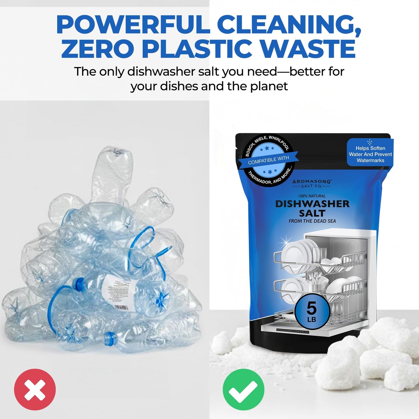 Aromasong Dishwasher Salt 10 LB - 100% Natural Water Softening Agent for Cleaner Dishes & Washer Reactivation - Compatible with Bosch, Miele, Whirlpool, Thermador, and more.