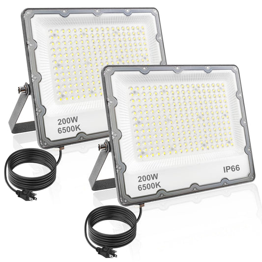 200W LED Flood Lights Plug in, Security Light Fixtures 6500K 20000LM Illumination, IP66 Waterproof Outdoor White Lighting Projects for Ball Ground, Parking Lot, Pathway, Yard, Garden, Garage (2 Pack)