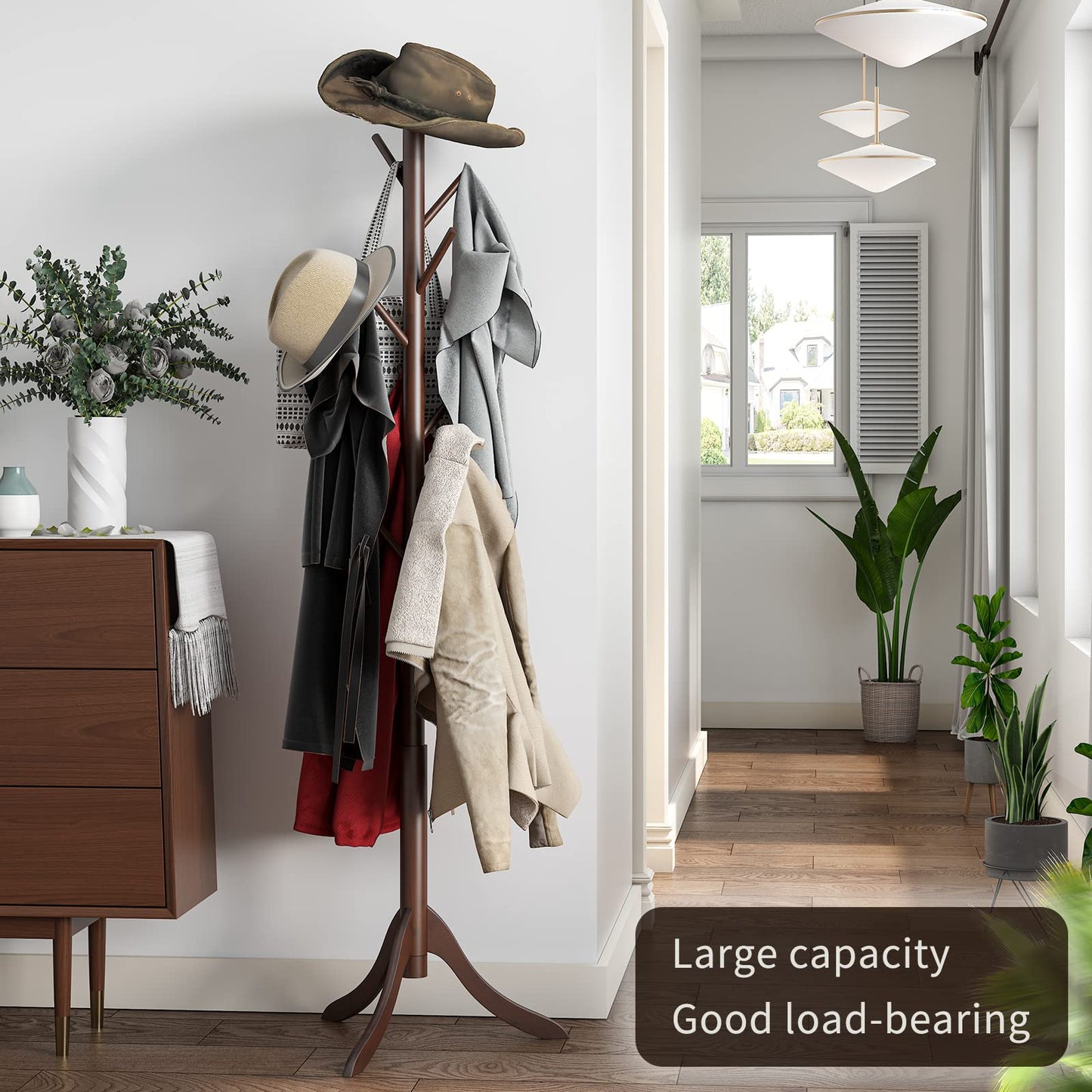 Furshus Coat Rack Freestanding, Coat Stands Entryway, Bamboo Coat Rack Hat Hanger 8 Hook for Jacket, Purse, Scarf Rack, Umbrella Tree Stand (Brown)