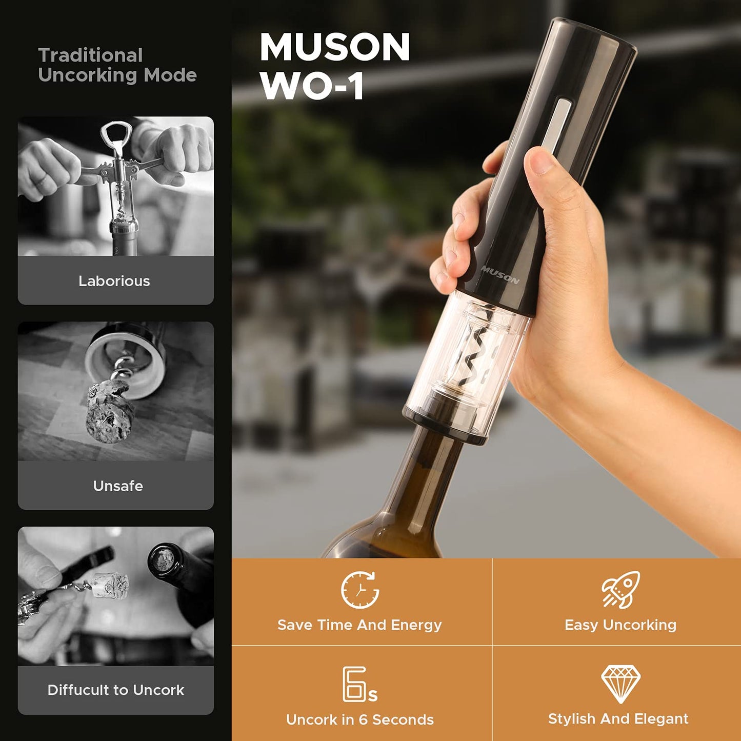 muson Electric Wine Opener, Automatic Corkscrew with Foil Cutter, 2 Vacuum Stopper, Aerator Pourer, Wine Bottle Opener Battery Operated 4-in-1 Gift Set for Wine Lover Home Kitchen