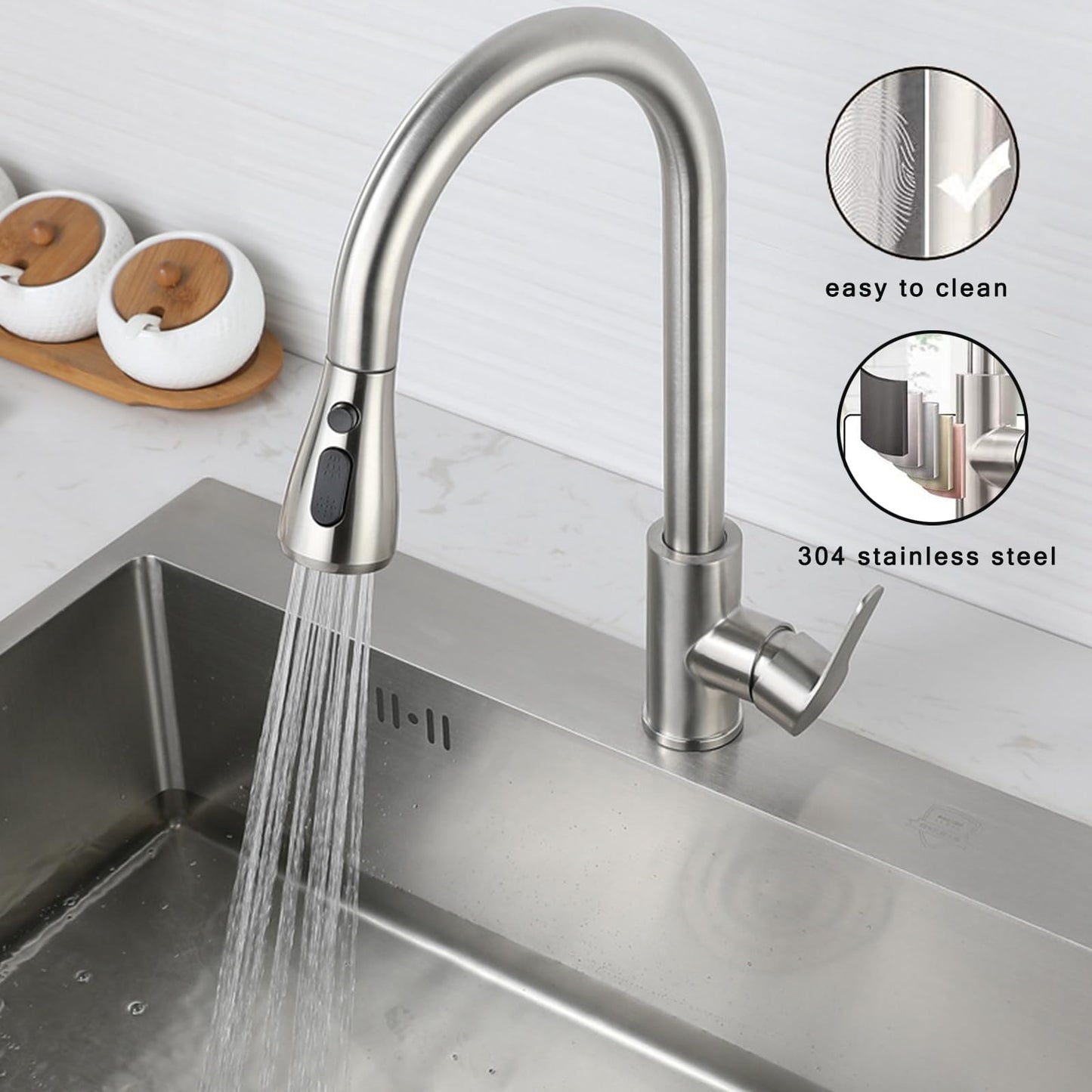 LKUWEE Kitchen Faucet, Stainless Steel 360° Swivel Kitchen Sink Faucets, Hot and Cold Water Kitchen Tap Pullout Sink Faucet with 2 Hoses, Brushed Nickel