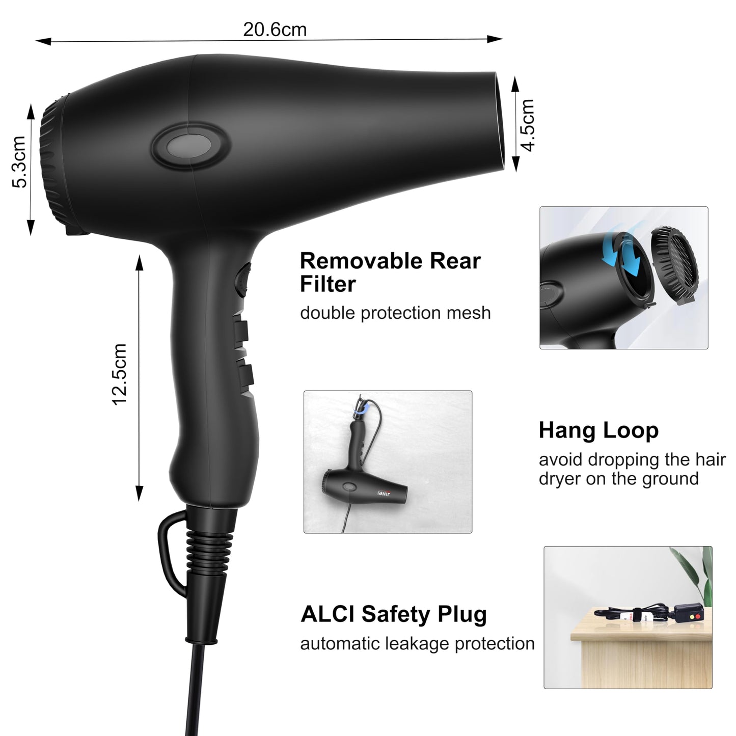 1875W Fast Drying, Professional Salon Hair Dryer with Diffuser & Comb & Concentrator Nozzle (Black)