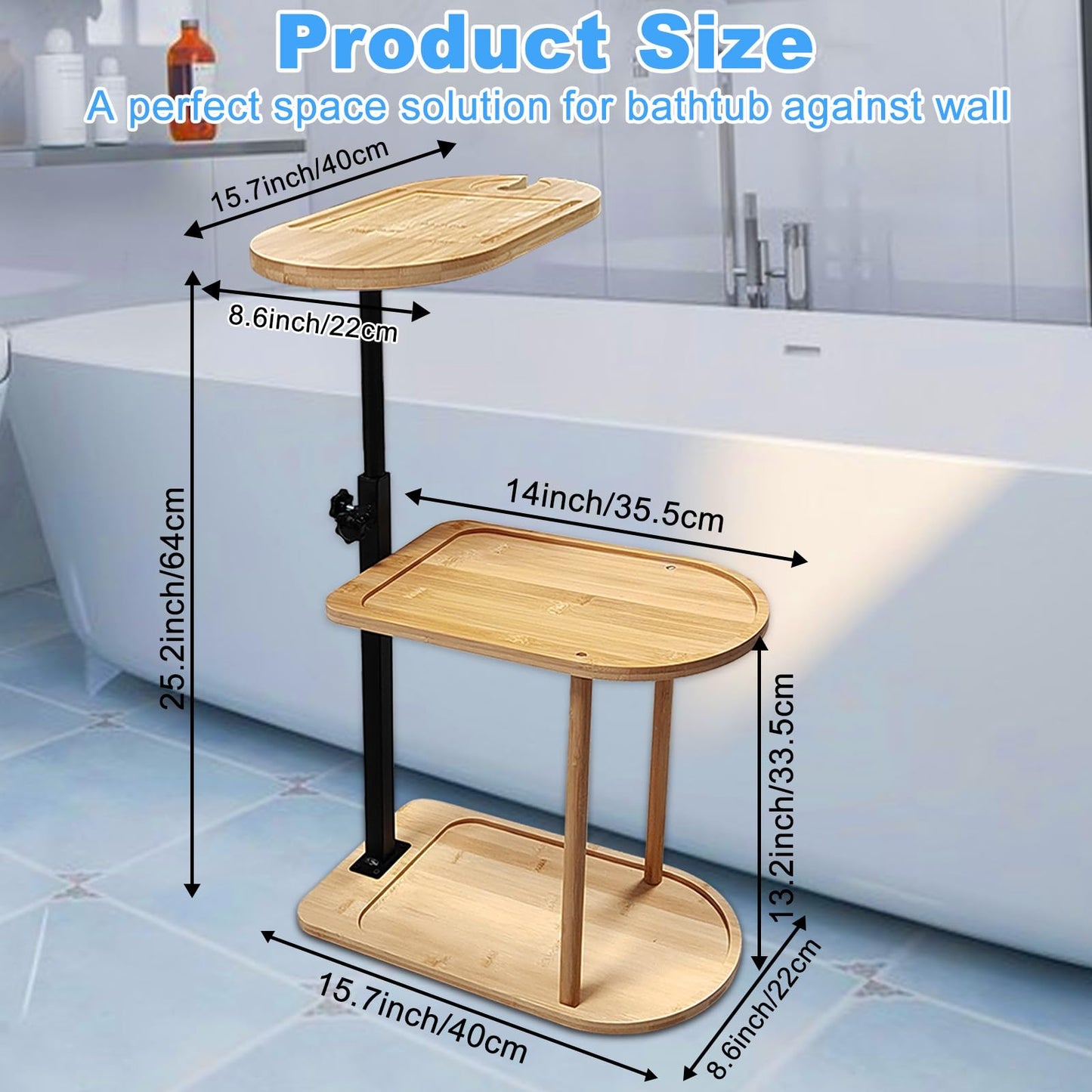 3 Layer Bath Tub Tray Table Liftable Freestanding Bamboo Bath Tray Caddy for Tub Against Wall Shelf Bathroom Organizer Shelf for Luxury Spa, Home Spa Bathtub Accessories