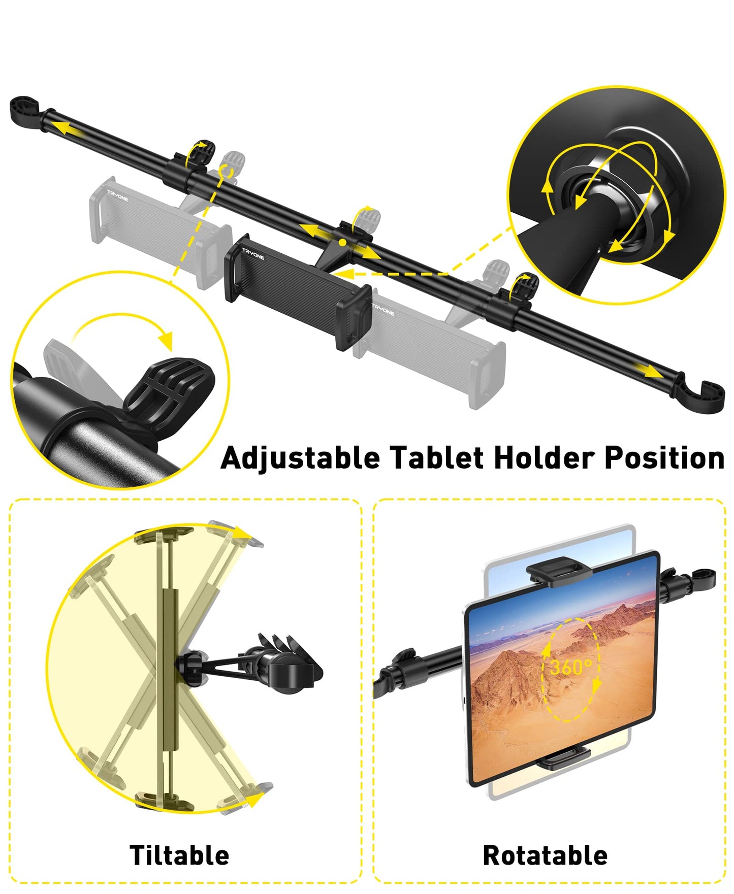 Car Tablet Holder Mount for iPad: Tryone Headrest Tablet Stand for Car Back Seat Compatible with iPad Pro Air Mini | Galaxy Tab | Kindle Fire HD | Switch OLED or Other 4.7-16.1" Devices