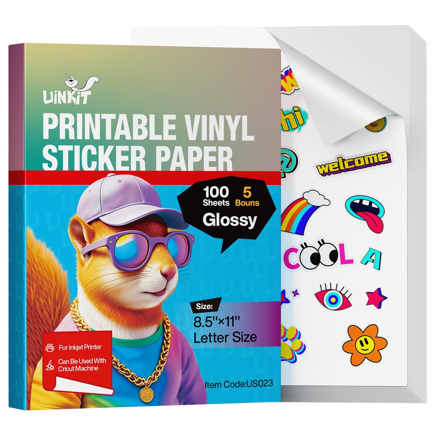 Uinkit 105 Sheets Premium Printable Vinyl Sticker Paper for Inkjet Printer Cricut,included 100Sheets Glossy and 5Sheets Clear Label DIY projects,Dries Quickly,Tear-Resistant,Waterproof,Removable
