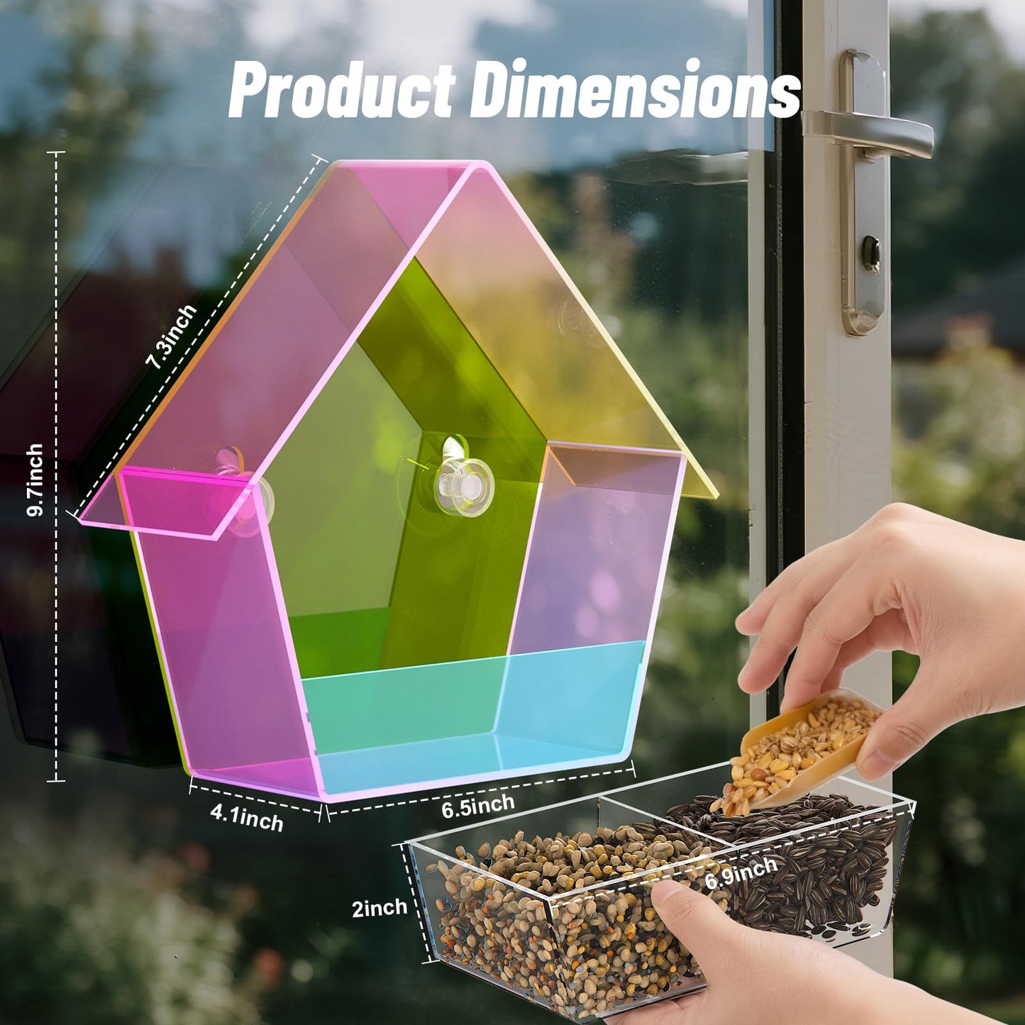 Window Bird Feeder with Strong Suction Cups, Outdoor Hummingbird Colorful Transparent Feeder for The Window, Waterproof Acrylic Birdfeeder with 2 Expansion Screws for Tree/Patio