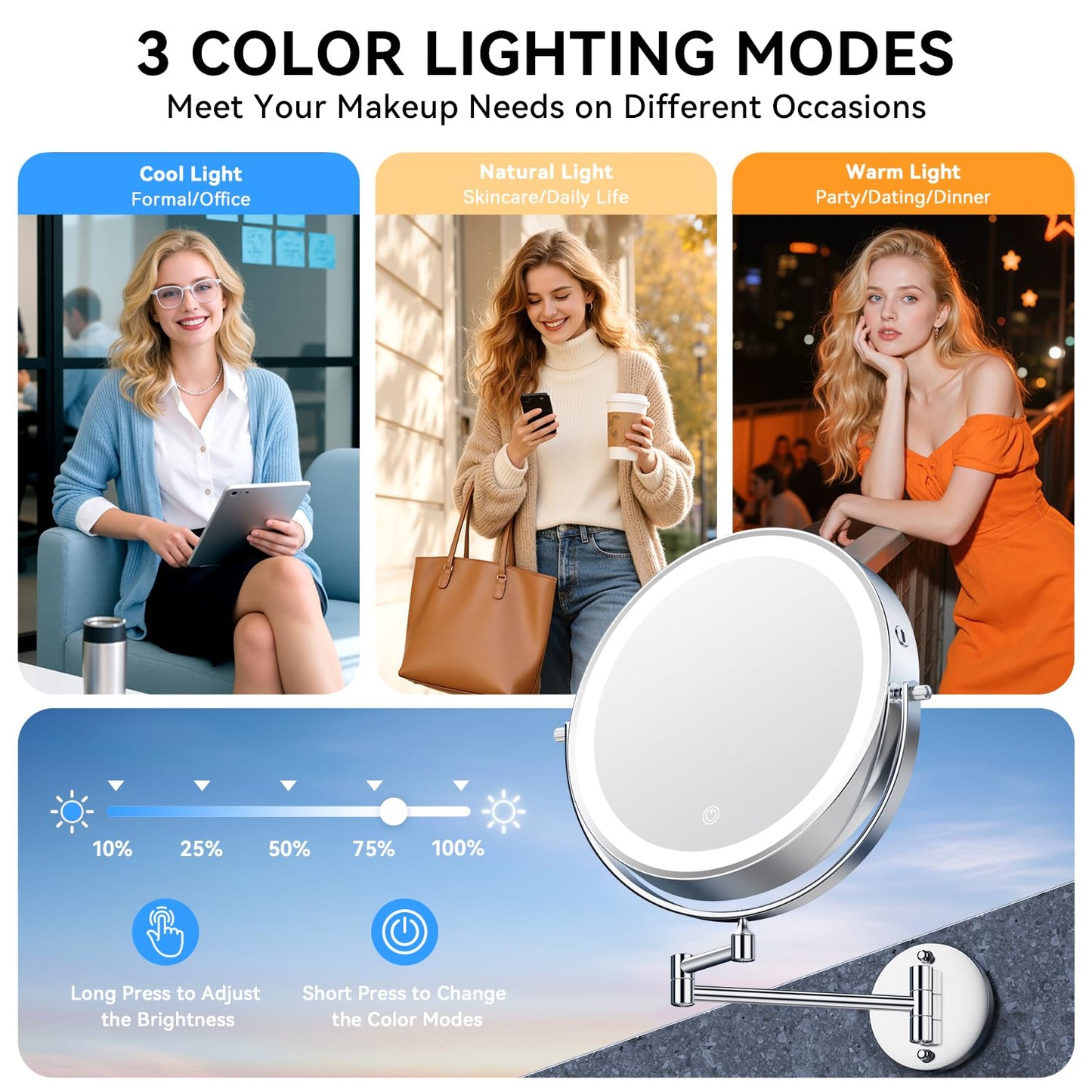 Auxmir 5000mAh Rechargeable Wall Mounted Makeup Mirror, 1X/30X Double-Sided Magnifying Mirror with Light, 9" Lighted Vanity Mirror with 3 Color Modes, Touch Dimmable, 360° Swivel Extended Arm, Chrome