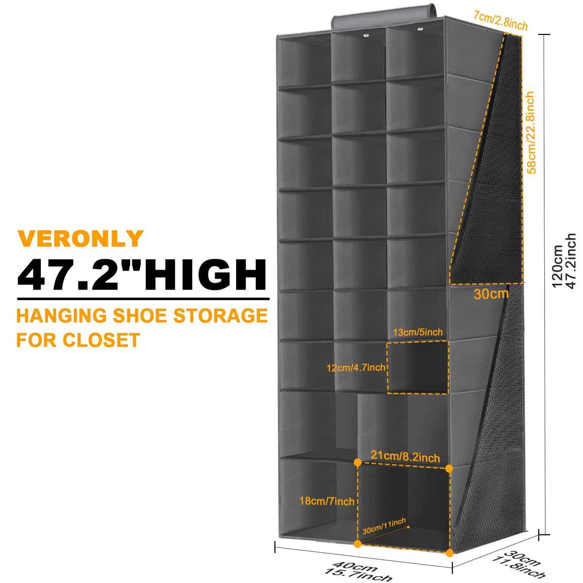 Hanging Shoe Organizer for Closet, Hanging Shoe Storage Rack Holder Shelves,Collapsible Shoe Closet Organizers and Storage with 4 Large Side Pockets,25 Sections for Shoes,Hats,Clothes(Gray)