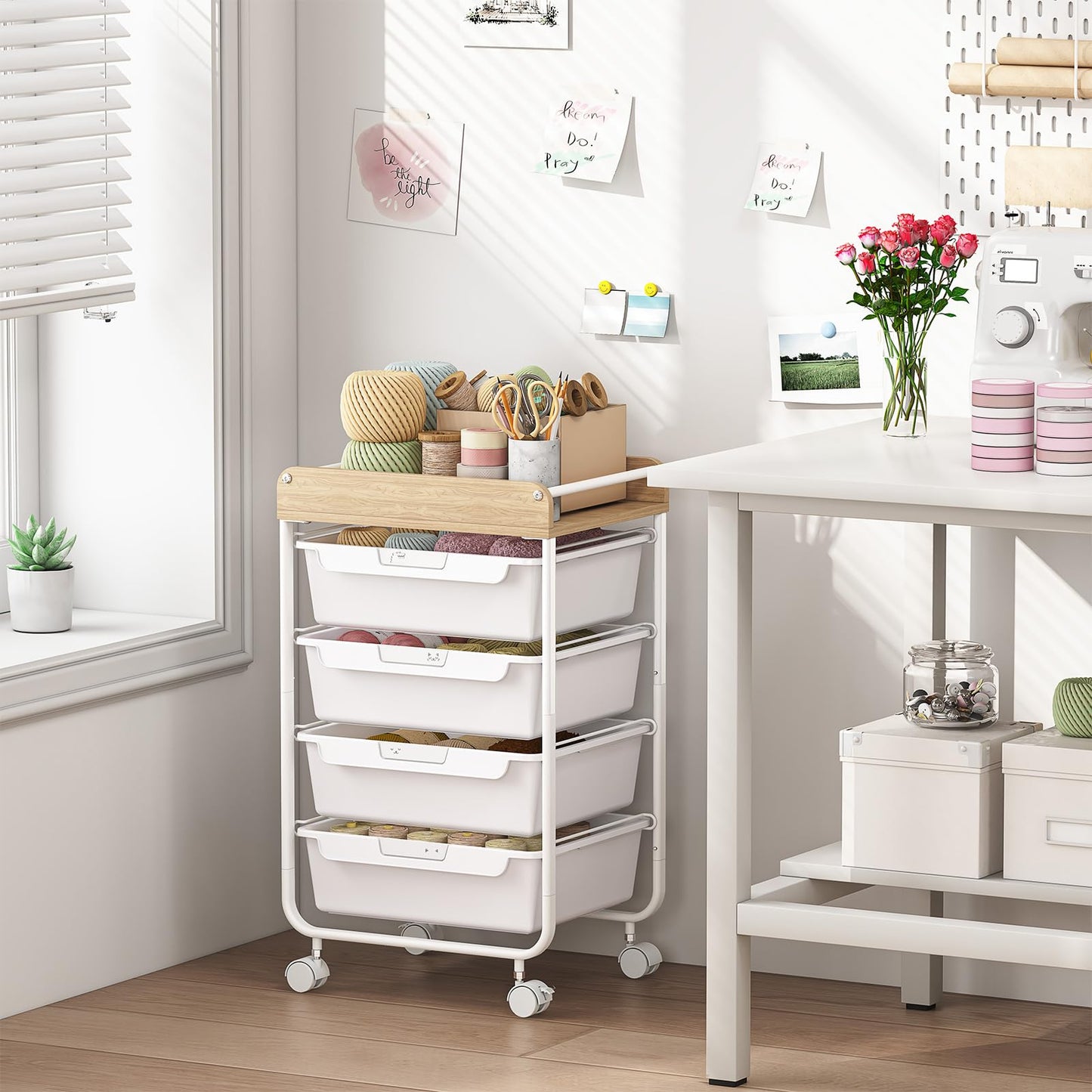 SYKIARIOL 4 Drawer Rolling Utility Cart with Wooden Top and Handle, Craft Storage Cart with Lockable Wheels, Multi-Purpose Organizer Drawer Cart for Home Office Bedroom Classroom，White