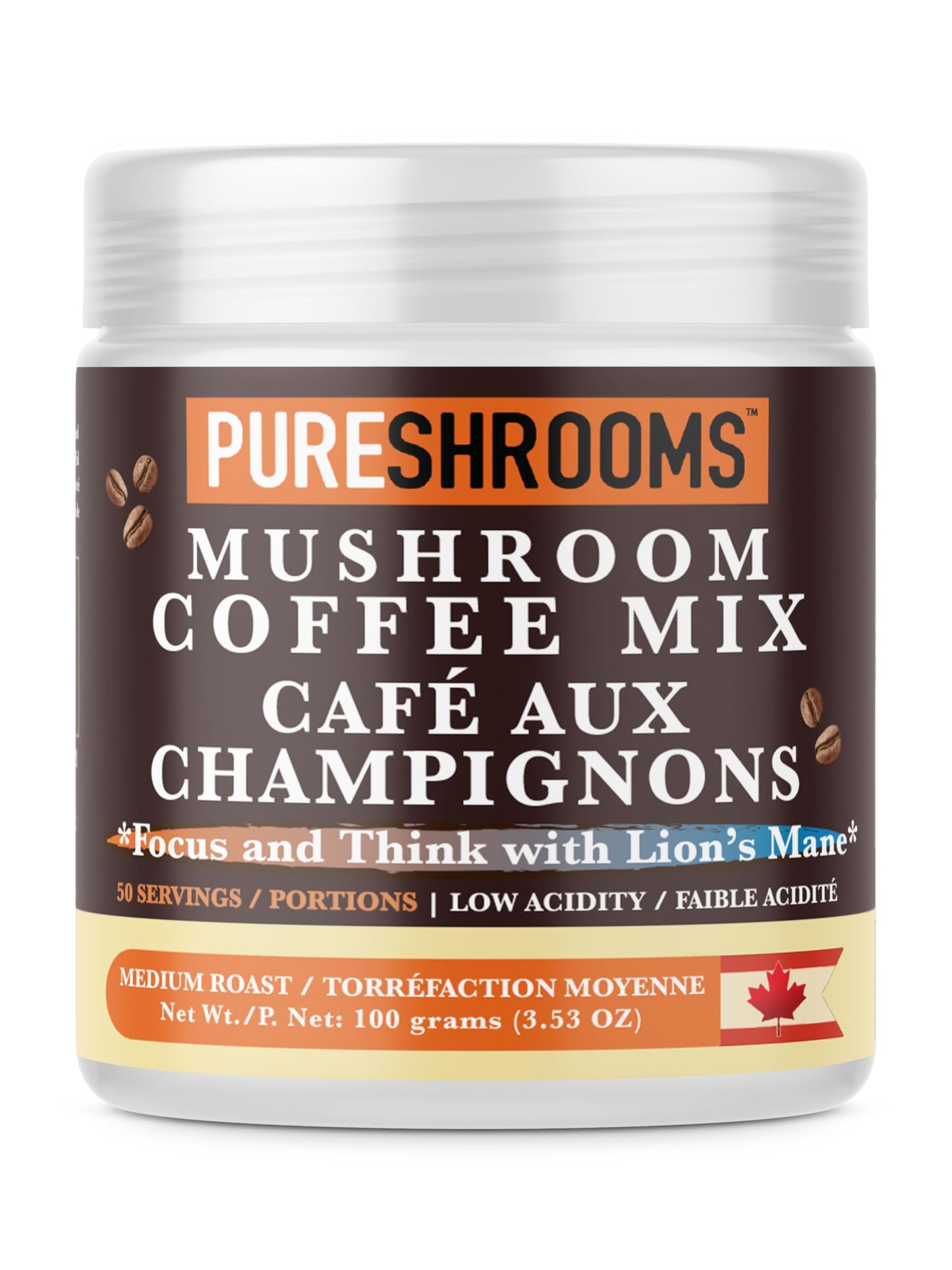 PureShrooms Focus & Think Mushroom Coffee with Ultra Concentrated Lion's Mane Mushroom, L-theanine - Vegan and Keto-Friendly (100 grams)