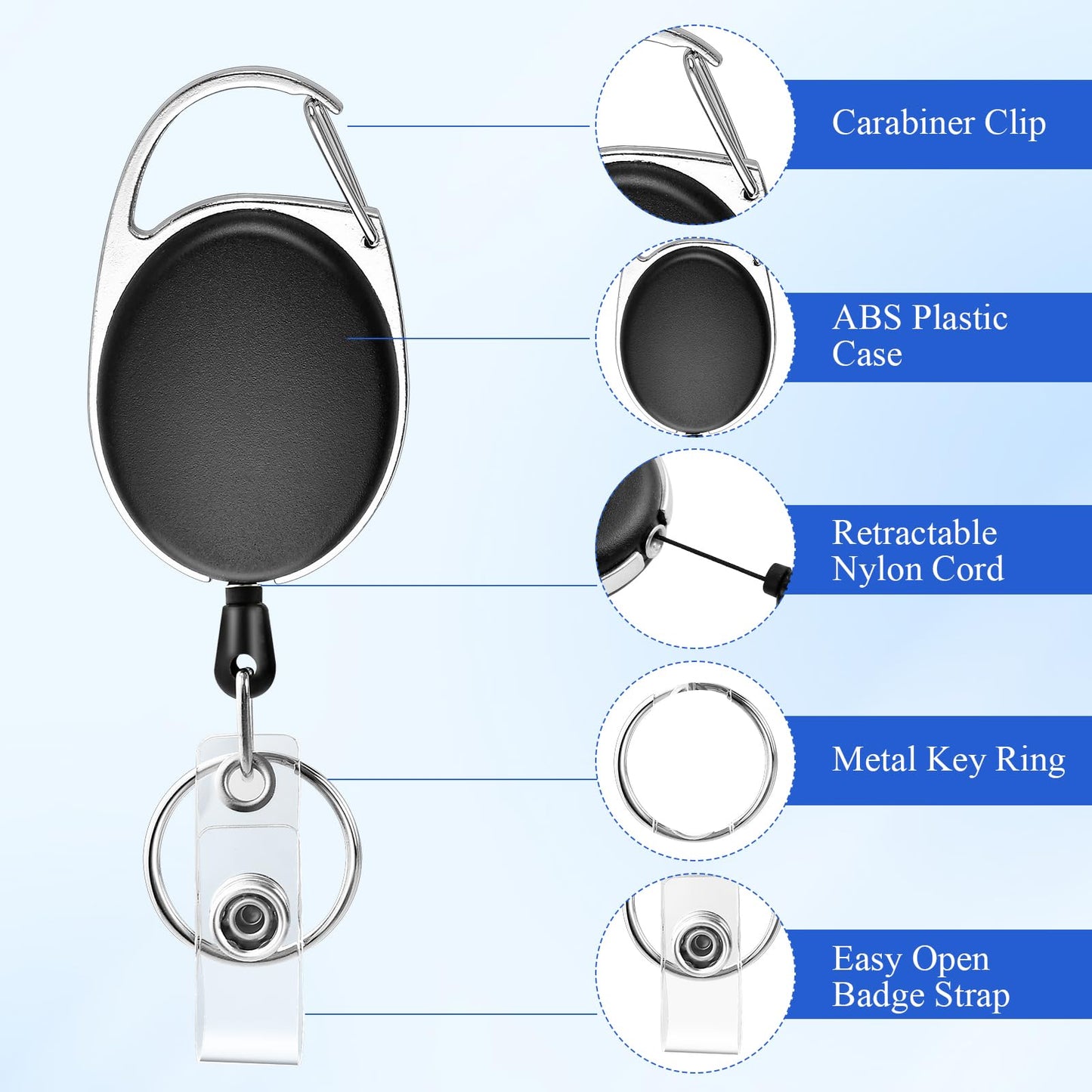 Supkiir 50 Packs Retractable Badge Reels, Heave Duty Retractable Key Chain with Carabiner Belt Clip and Key Ring, Black ID Card Holder for Staff Business School Office Supplies (24.6 Inch Pull Cord)