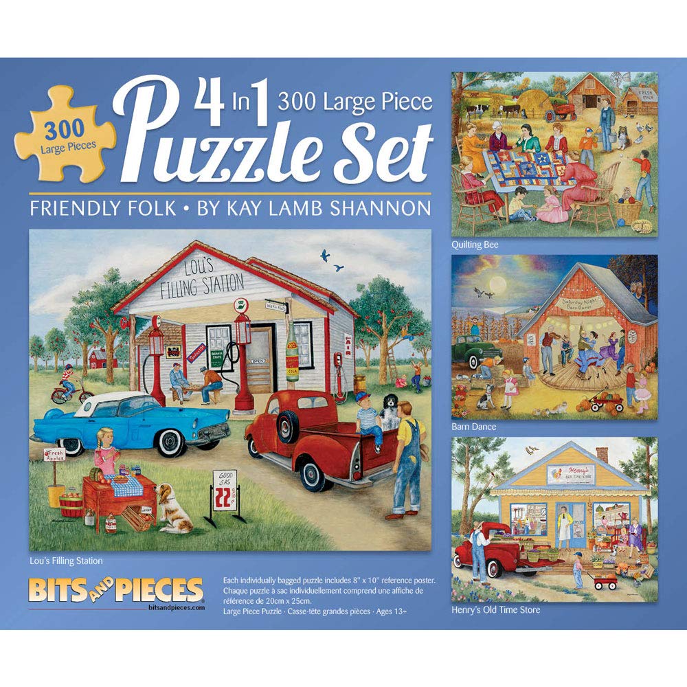 Bits and Pieces - 4-in-1 Multi-Pack - 300 Piece Jigsaw Puzzles for Adults-Each Measures 16" x 20" (46cm x 61cm)-Friendly Folk by Artist Kay Lamb Shannon