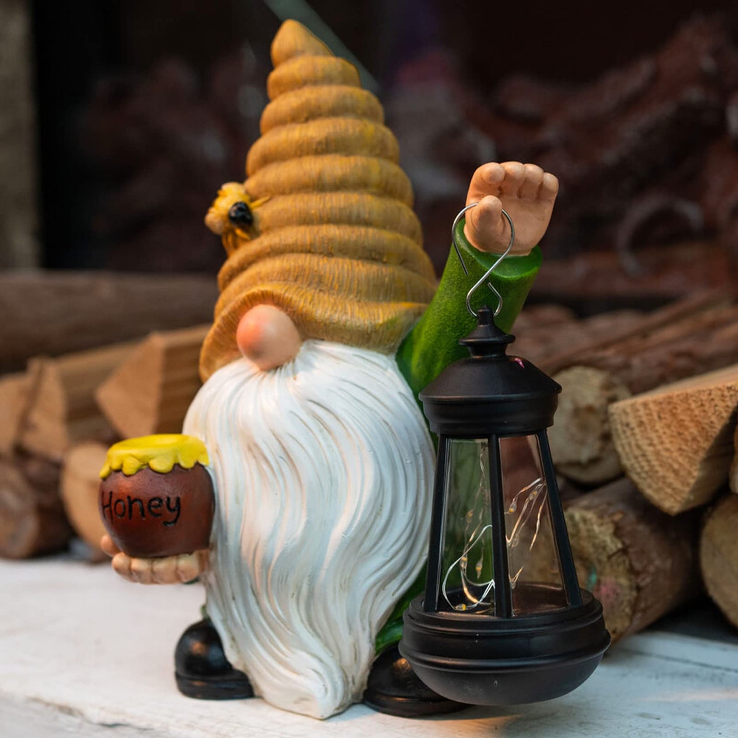 WONDHOME 12.3''Solar Garden Gnome Outdoor Decor Honey Bee jar Gnome Statue with LED Lantern Spring Patio Yard Art Decoration Mother's Day Christmas Gardening Gifts for Women Mom