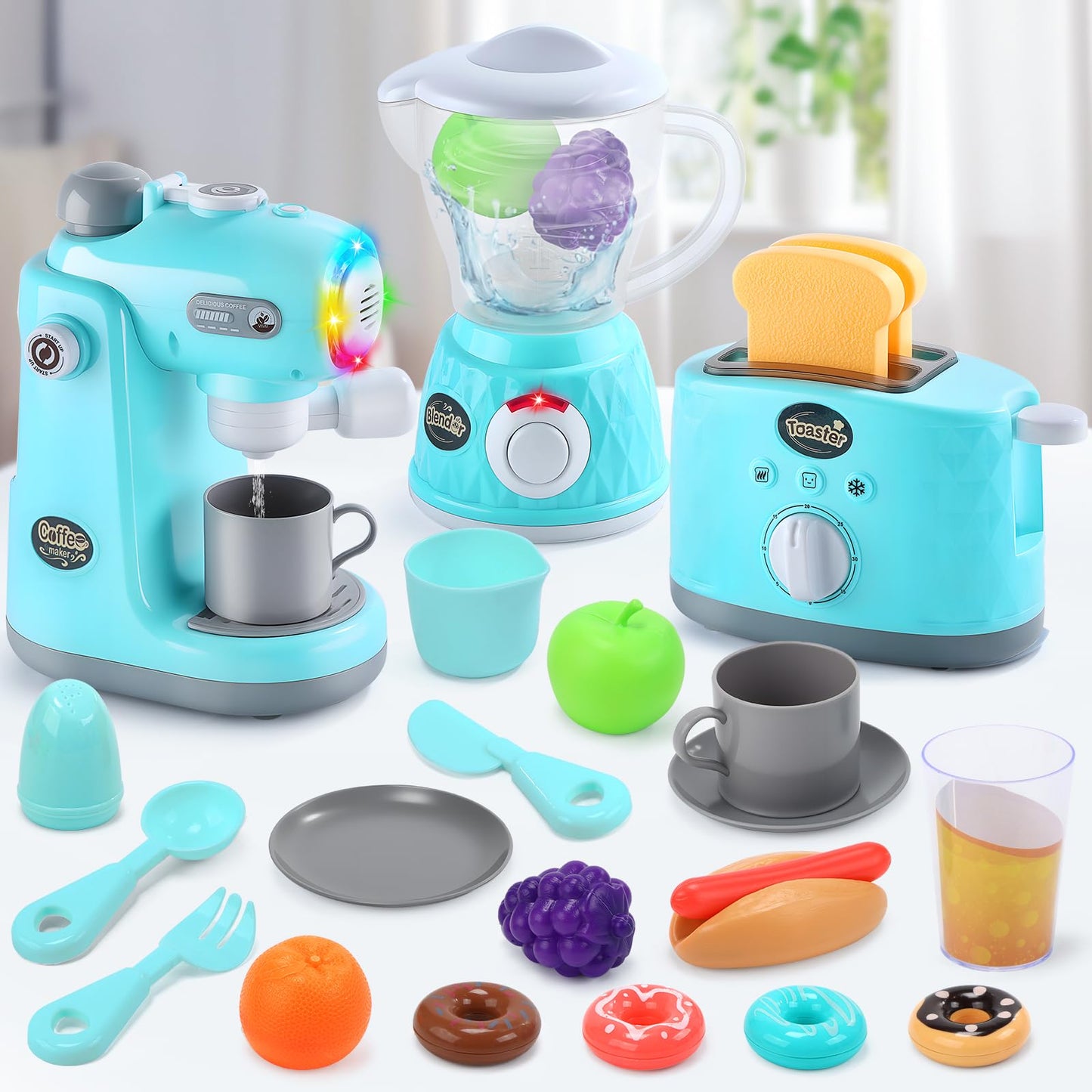 CUTE STONE Kids Play Kitchen Appliances Set, Pretend Kitchen Toys with Coffee Maker, Blender & Toaster, Realistic Sounds and Light, Includes Play Food & Accessories for Toddler Boys & Girls Ages 3+