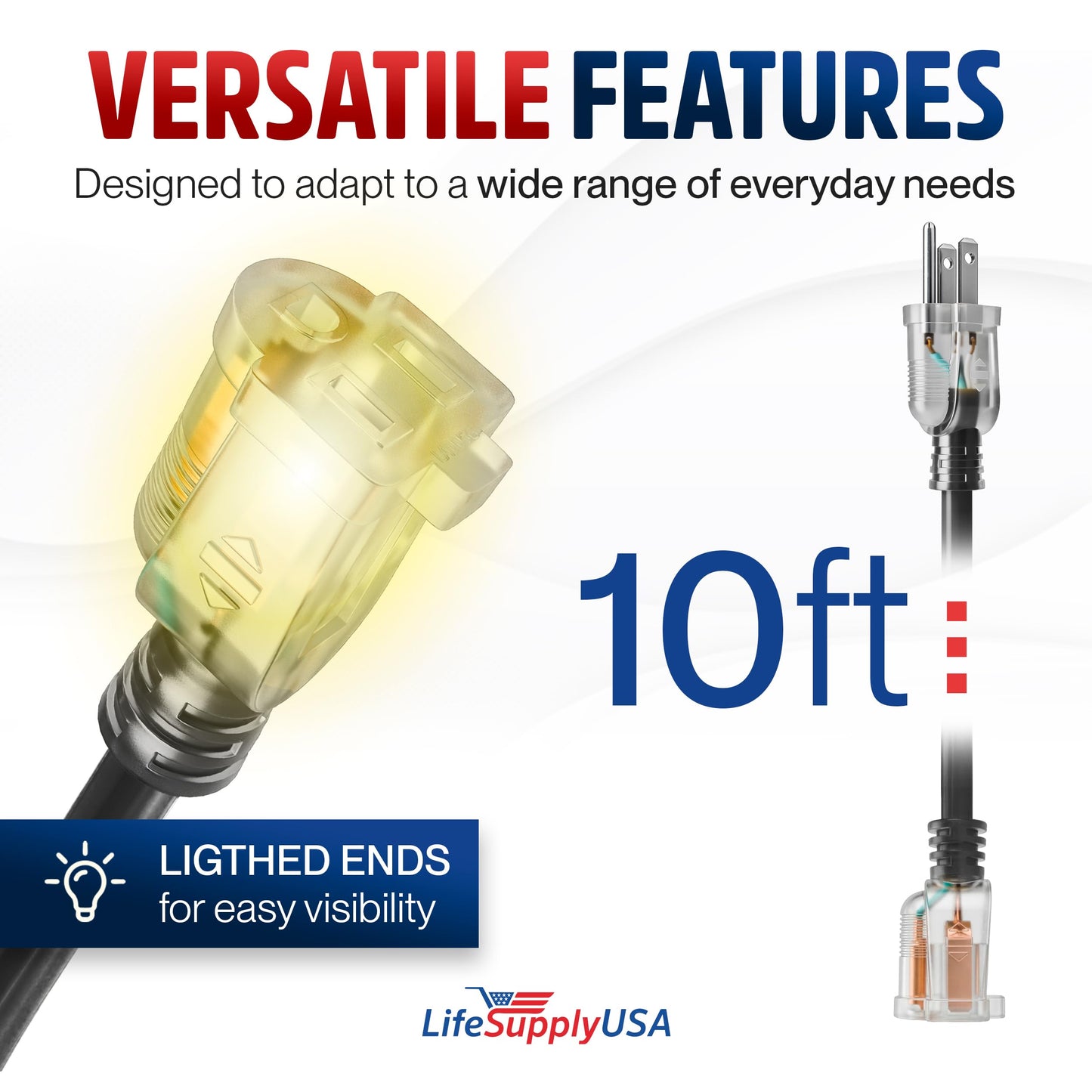 10ft Outdoor/Indoor Extension Cord 10/3 Gauge Ultra Heavy Duty 3 Prong SJTW, Waterproof, Flexible Cold-Resistant Long Power Cord,15A 125V 1875W, Black by LifeSupplyUSA