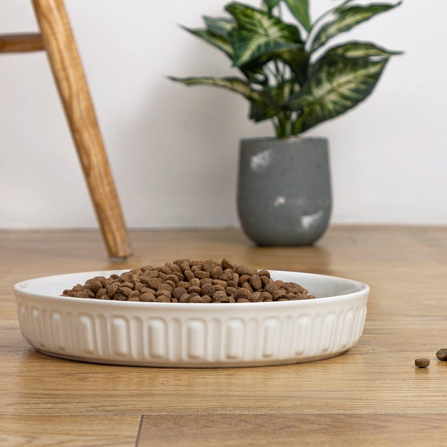Fun Elements Shallow Dog Bowls, 10.5" Ceramic Large Food Plate for Small, Medium and Large Breeds, Non-Slip, Flat and Wide, Dishwasher Safe, Suitable for Dogs and Cats (White)