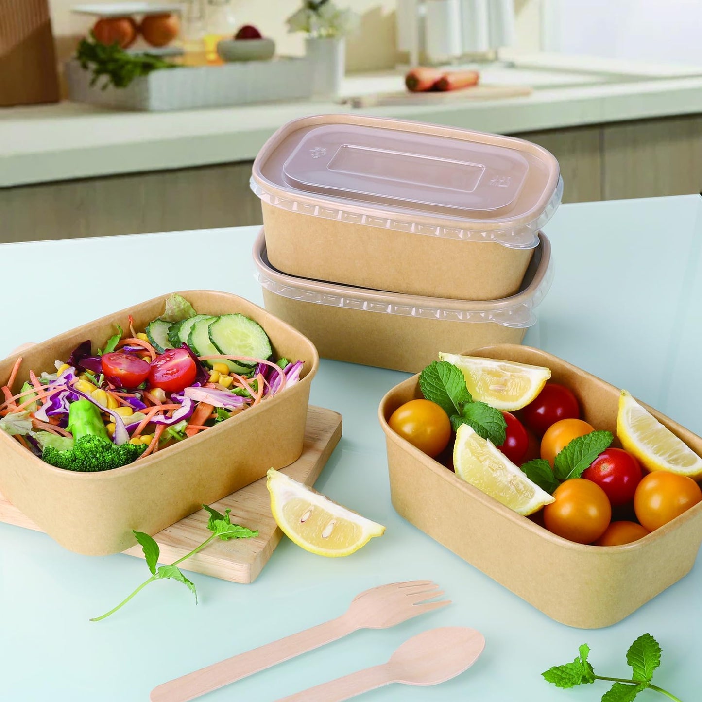 Belinlen 50 Pack 25oz Disposable Kraft Paper Bowls with Lids, Rectangle Paper Food Containers with Lids, Salad Bowls for Hot/Cold Food, Soup, Meal Prep, Ice Cream, Takeout, Party Supplies(750ml)