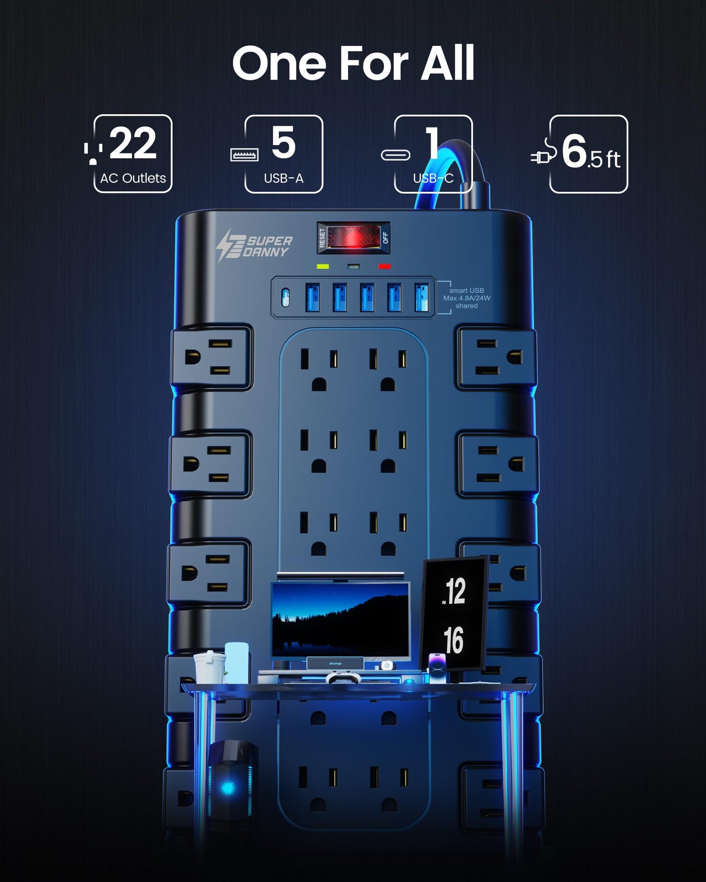 SUPERDANNY Surge Protector Power Bar with 6 USB Charging Ports, Mountable Flat Plug Power Strip, 22 Widely-Spaced Outlets, 2100 Joules, 6.5Ft Heavy Duty Extension Cord for Home, Office, Dorm, Black