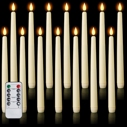 AMAGIC 12 Pcs Flameless Taper Candles with Remote Timer Dimmer, 11 inches, Battery Operated, Plastic LED Candlesticks with Flickering for Halloween Christmas Church Wedding