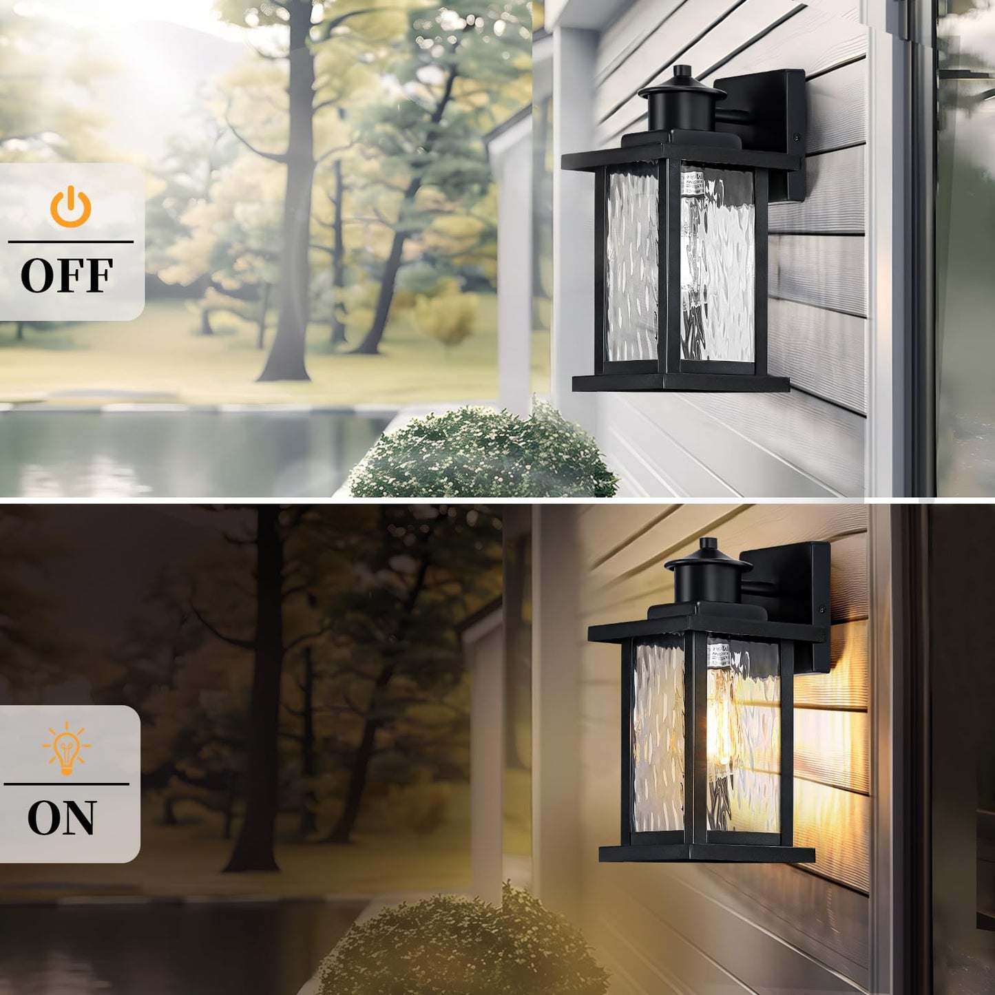 11.65'' Outdoor Light Fixture 2 Pack, Outdoor Wall Lights Exterior Wall Sconce with Water Ripple Glass, Waterproof Porch Light Lantern Wall Mounted, Modern Black Outside Lights for House Patio Garage