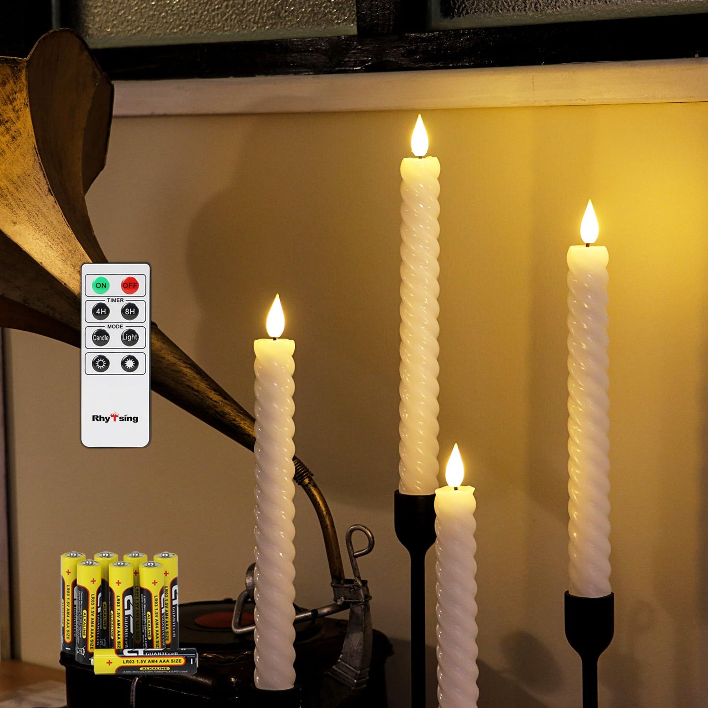Rhytsing 10" White Flameless Twist Taper Candles with Timer, Battery Operated Spiral Taper Candles, Warm White Light, Remote & Batteries Included - Set of 4