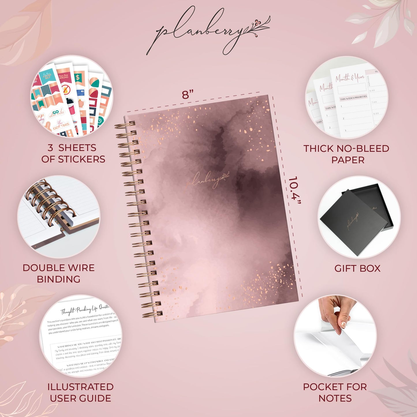 PLANBERRY Large Hourly Schedule Planner Premium – Undated Hourly Schedule & Budget Organizer for Time Management – Productivity Journal with Habit Tracker – 8x10.4″ Hardcover (Rose Gold)