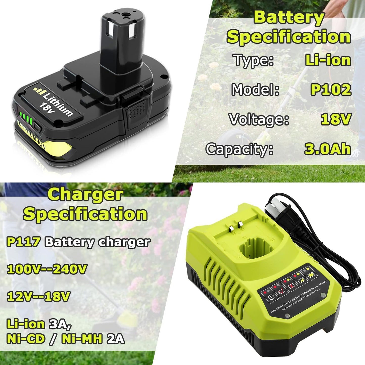 2Packs 18V 3000mAh Replacement Battery and Charger Compatible with Ryobi 18V Battery Lithium P102 P103 P104 P105 P107 P108 P109 P122 Battery Cordless Power Tools