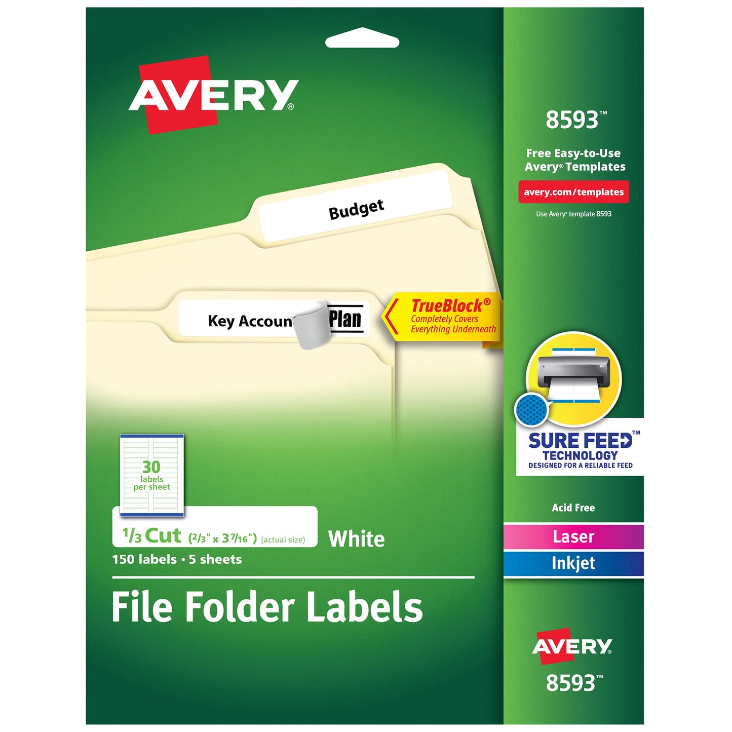 Avery File Folder Labels with TrueBlock Technology, Permanent Adhesive, 2/3" x 3-7/16", Laser/Inkjet, 4-Pack, 150 Labels Total (08593)