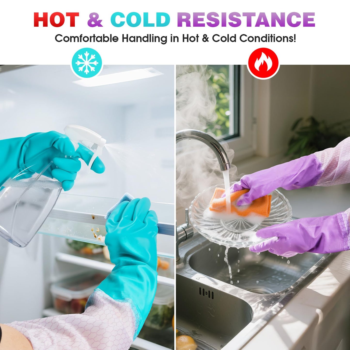 Reusable Dishwashing Cleaning Gloves with Latex Free, Long Cuff,Cotton Lining,Kitchen Gloves 2 Pairs (Large, Purple+Blue)