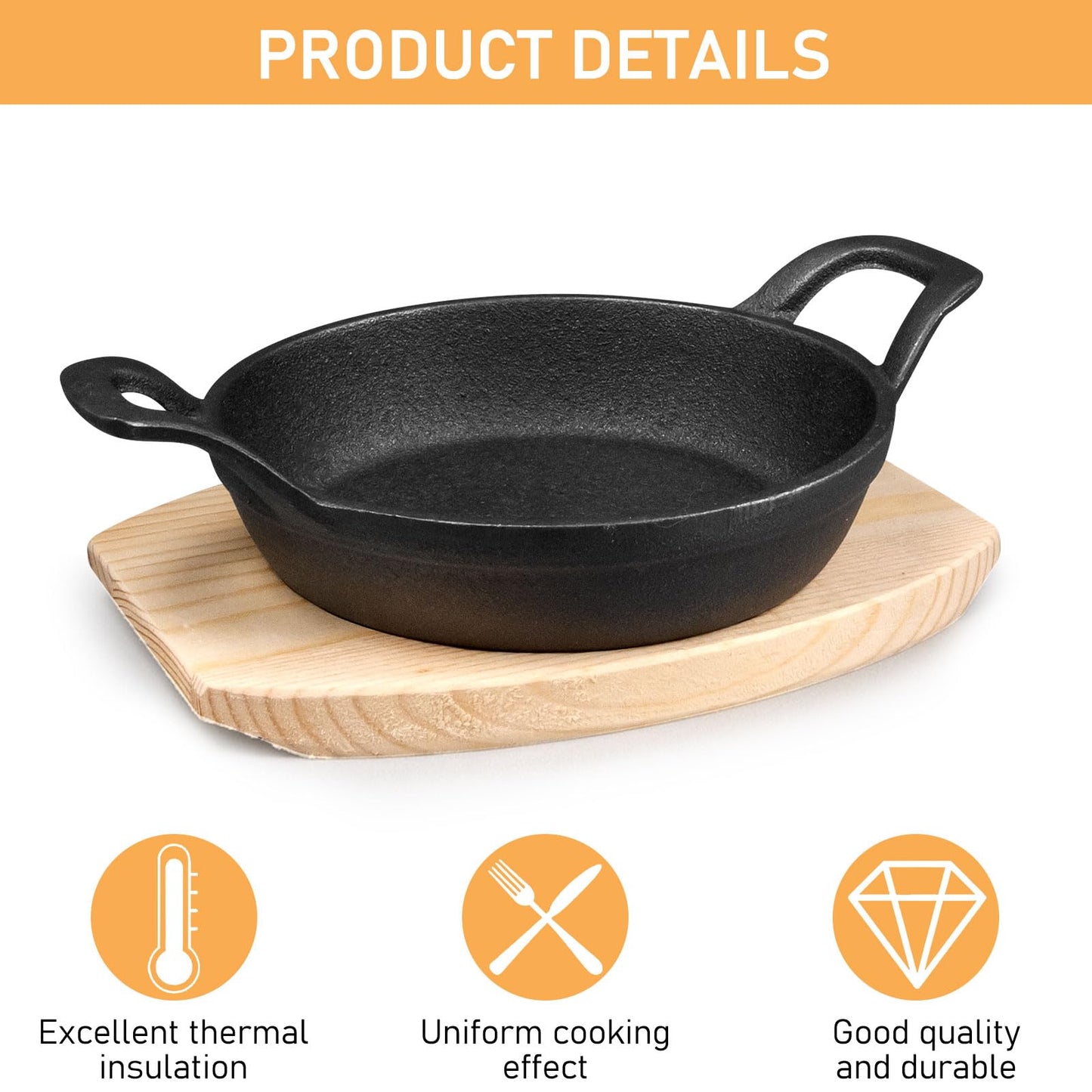 6 Sets Mini Cast Iron Skillet with Wooden Base Small Round Fajita Plate Iron Pan Pot for Cooking Party (6.3 Inches)