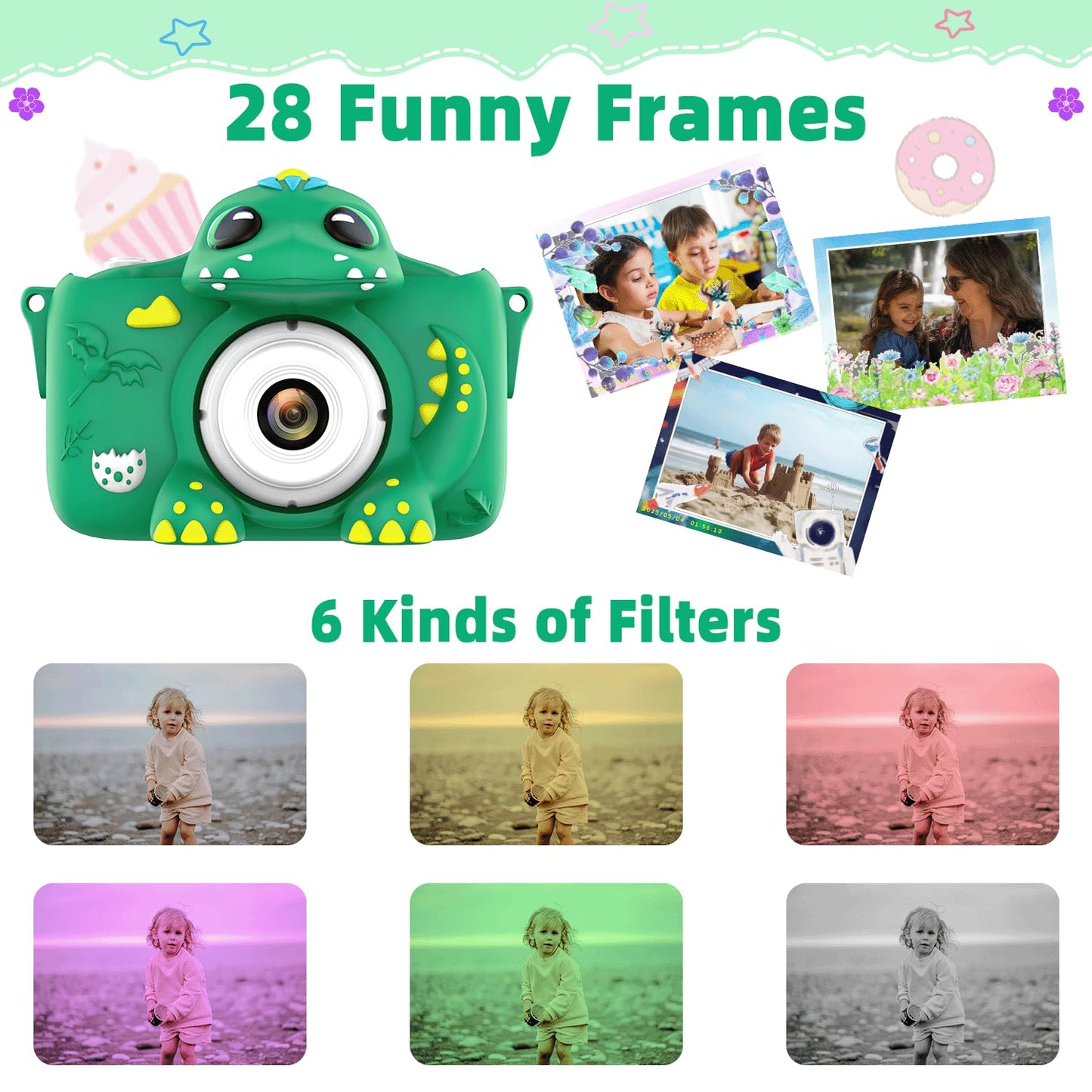 Kids Camera for Girls Boys Toddlers Childrens Age 3-8 Digital Selfie with 64GB Card for Son Daughter Grandson Granddaughter Christmas Birthday Gifts