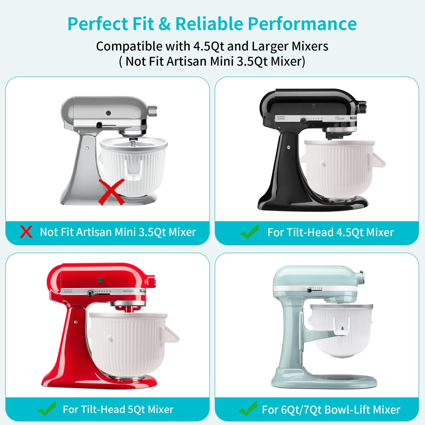 Ice Cream Attachment for Kitchenaid Stand Mixer, Ice Cream Bowl Compatible with Kitchenaid 4.5-5Qt Stand Mixer and 5-6-7Qt Bowl-Lift (with lid)