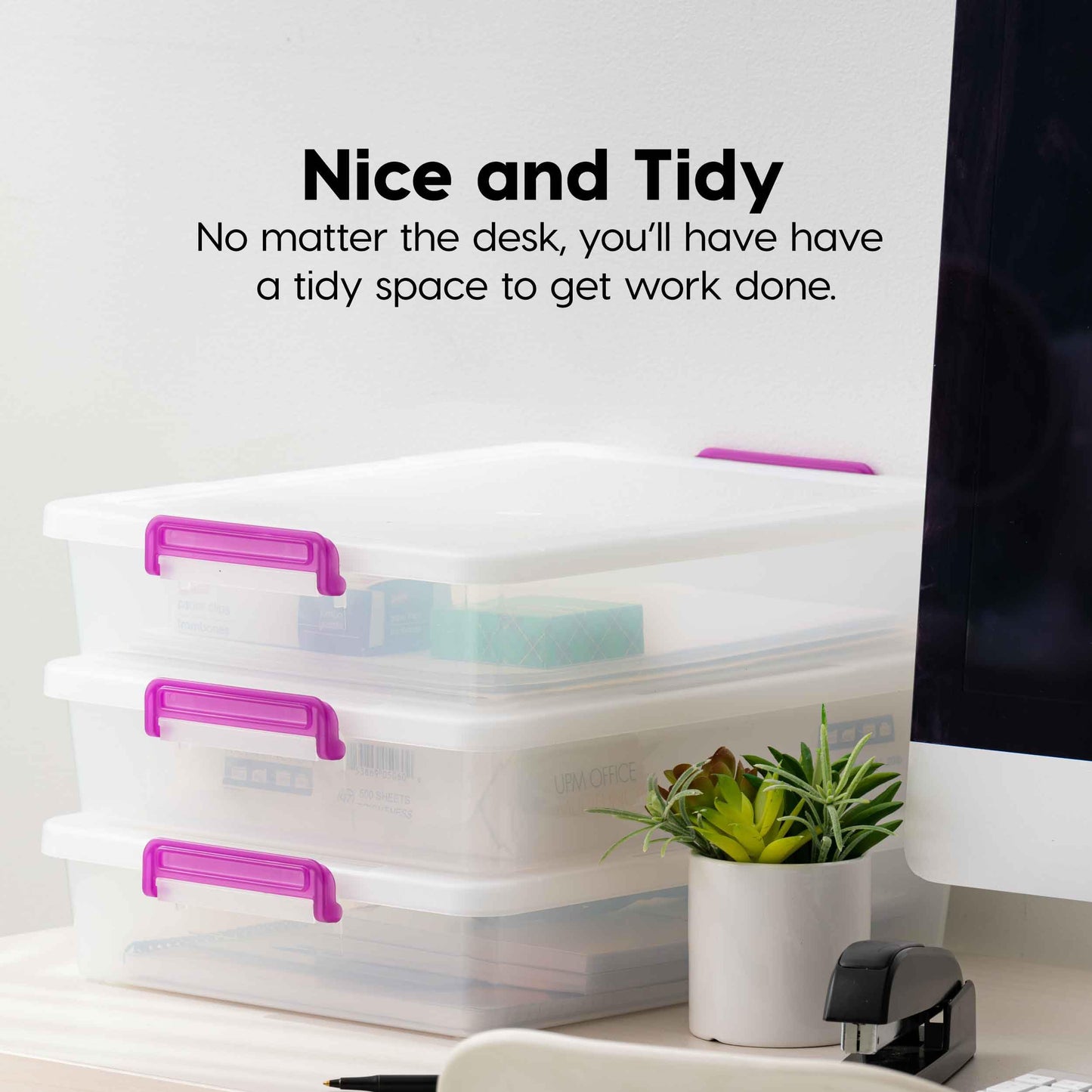 IRIS USA 6 Quart Clear Plastic Modular Storage Bins with Secure Latching Buckles, Organizing Container with Durable Lids, Stackable and Nestable, Large, Clear/Violet, 6 Pack