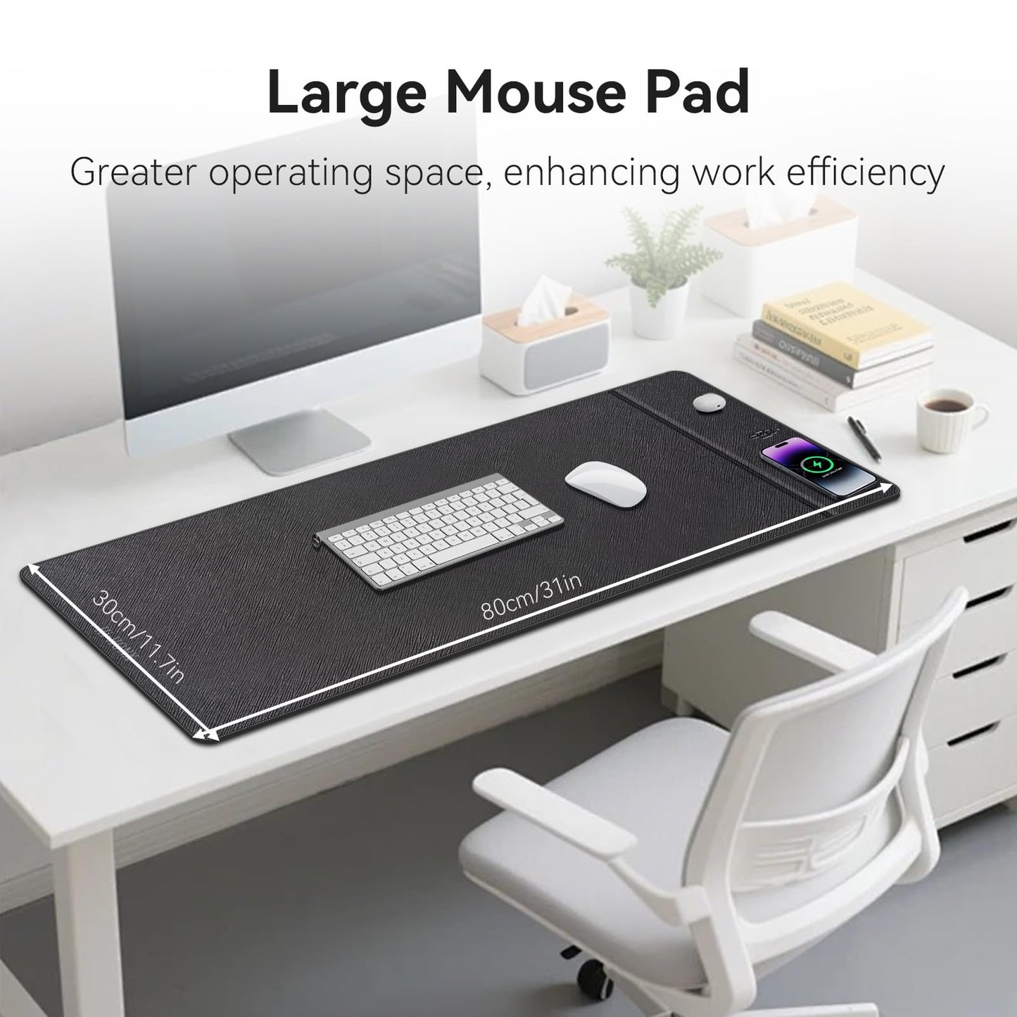 Wireless Charging Mouse Pad, 31.5"x11.7" XL Large Office Desk Pad with Ultra-Smooth Surface,Non-Slip Base, Classic Black Waterproof Computer Desk Mat for MacBook, PC, Laptop