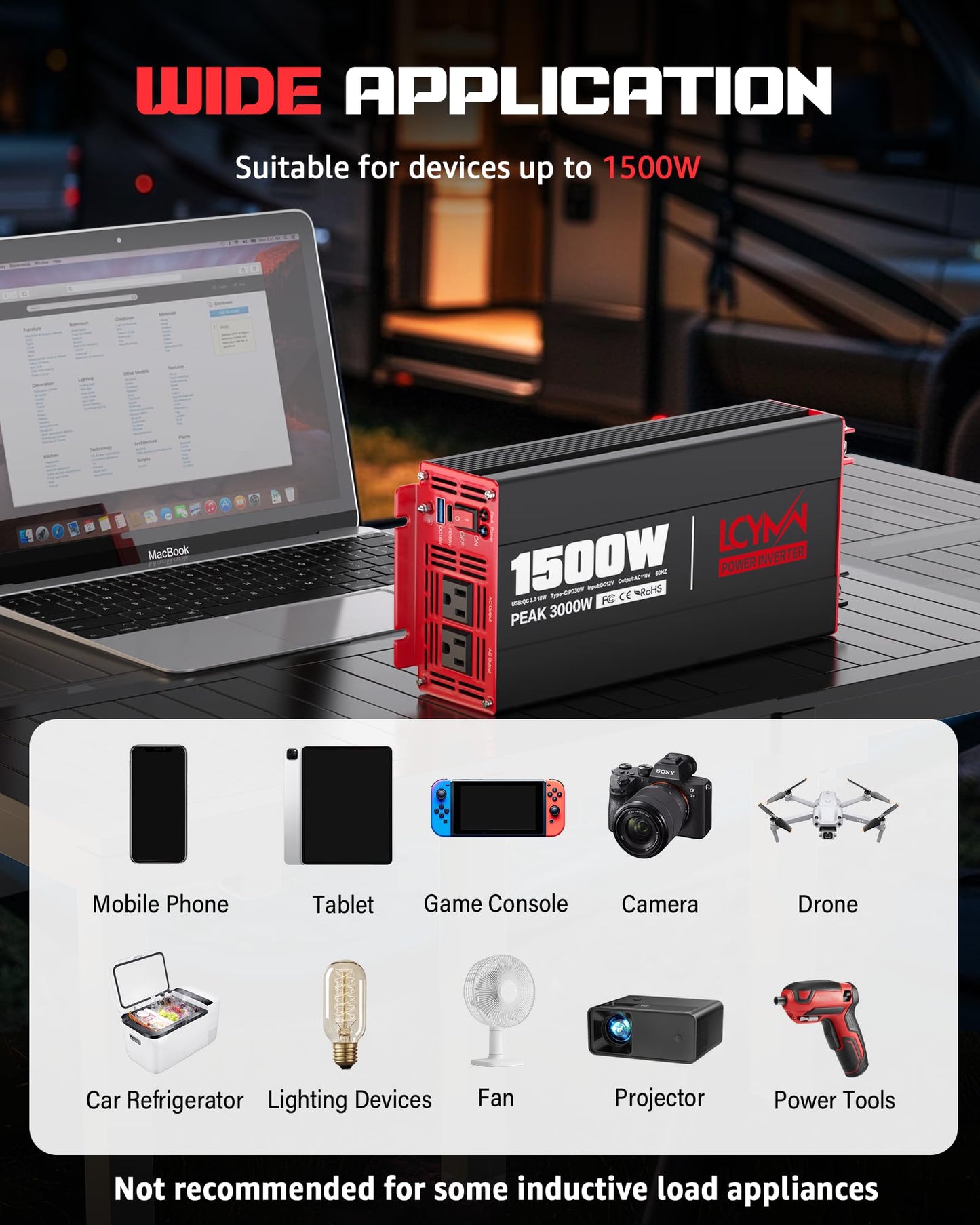 1500 Watt Power Inverter DC 12V to AC 110/120V with Dual Outlets USB-C 30W USB-QC 18W Fast Car Charger Adapter for Vehicles Home RV Car Truck Off-Grid Solar System Converter