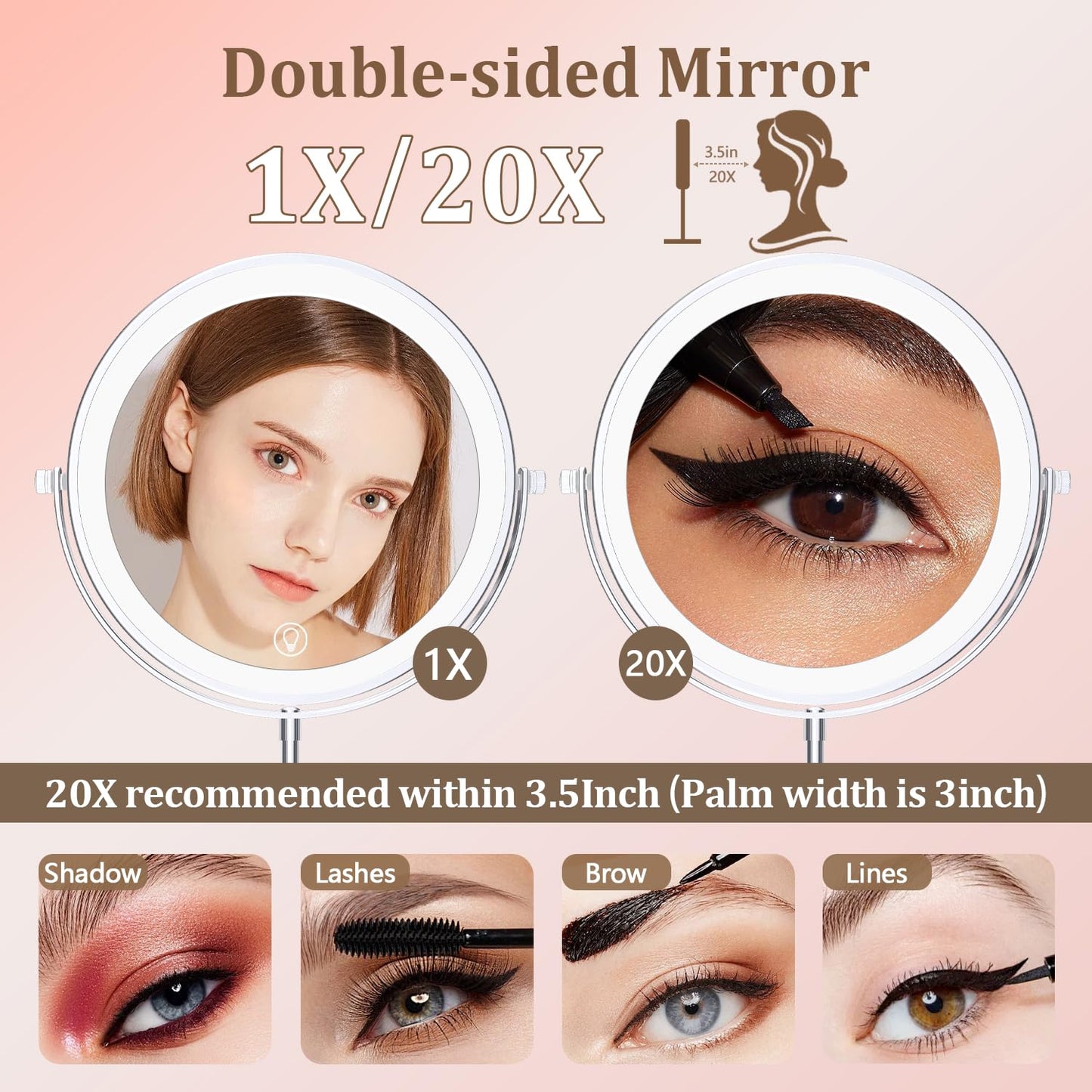 Unimiro 9inch Wall Mounted Makeup Mirror with Light, 1x/20x 5000mAh Rechargeable Magnifying Mirror with Light, 360° Rotate Bathroom Mirror with Lights, 3 Color, 80 LEDs, Stepless Dimmable