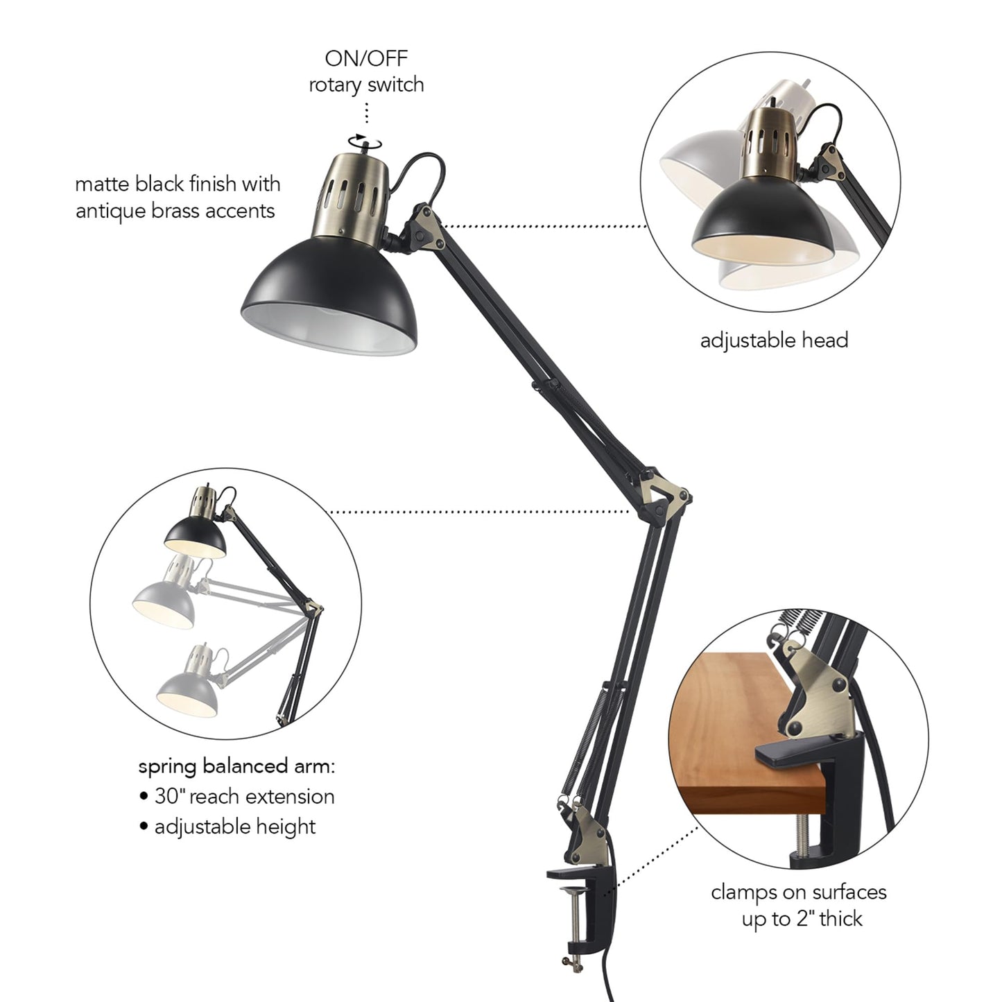 Globe Electric 62000009 32" Multi-Joint Desk Lamp with Metal Clamp, Matte Black, Antique Brass Accents, On/Off Rotary Switch on Shade, Partially Adjustable Swing Arm, Home Décor, Office Accessory