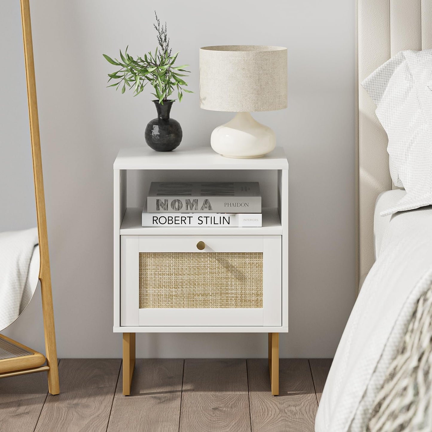 Masupu Rattan Nightstand,Modern Boho Farmhouse Wood Side Table with Storage Drawer and Open Shelf,Small Gold Frame Bedide End Table for Bedroom,Living Room,Office,White