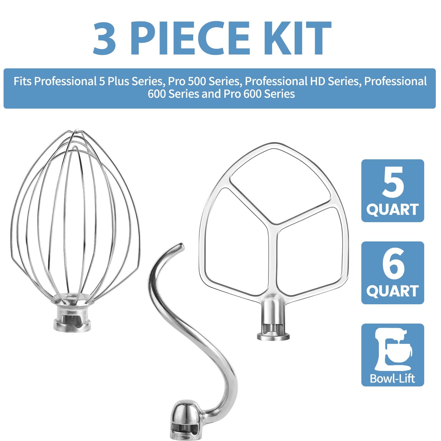 Stainless Steel 3 Piece kit Attachments，Dough Hook 6 Wire Whisk Flat Beater Compatible with KitchenAid 5-6QT Mixer，Bowl Lift Stand Mixer Accessory，Rust Resistant，Dishwasher Safe