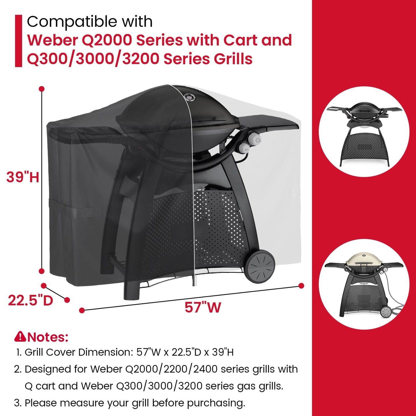 Unicook Grill Cover Compatible with Weber Q2000 Q300 Q3000 Q3200 Series with Cart, Compared to Weber 7112, Heavy Duty Waterproof Full Length BBQ Grill Cover 57 Inch, All Weather Protection, Black