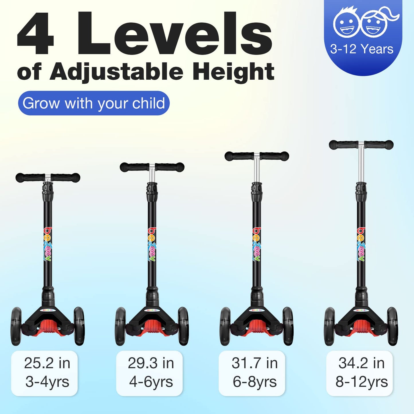 BELEEV A2 Scooters for Kids 3 Wheel Kick Scooter for Toddlers Girls & Boys, Scooter with 3 Adjustable Height, LED Light Up Wheels for Children from 3 to 12 Years Old